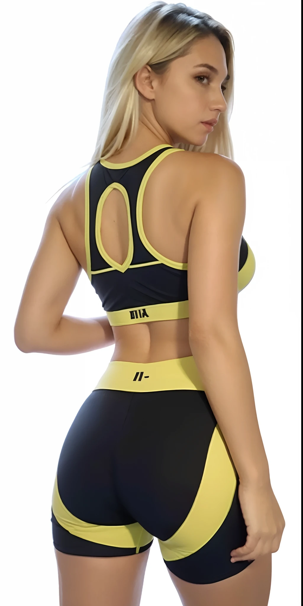 A woman in a black and yellow sports bra top and shorts, sport bra and shorts, two piece workout clothes, Esporte bom, sport bra and shirt, fato de treino preto e amarelo, roupas esportivas fofas, sports bra, voltar - ver, brassier, roupas esportivas, sport bra and dark blue shorts, detailed sports bra, roupas esportivas, back view also, cintura - tiro, fotografia realista, fotografia, obra-prima, realista, Realismo, renderizado, Alto contraste, Arte Digital, fotográficorealista, trend in Artstation 8k HD, high definiton, circunstanciado, Realistic, detalhada, textura da pele, hiperdetalhada, Textura realista da pele, melhor qualidade, ultra high-resolution, (fotografia realista: 1.4), alta resolução, detalhada, fotografia crua, Crisp resolution, Nikon d850 filme, fotografia de stock 4, Kodak Portra 400 Camera F1 Lens.6, textura hiper realista, lighting dramatic, Unrealistic trend in Artstation Cinestill 800, RAW.