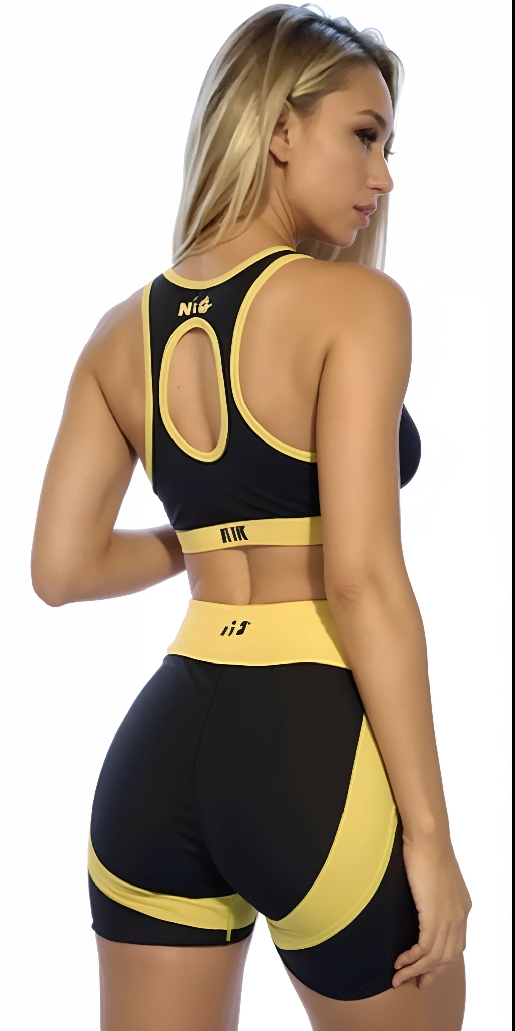 A woman in a black and yellow sports bra top and shorts, sport bra and shorts, two piece workout clothes, Esporte bom, sport bra and shirt, fato de treino preto e amarelo, roupas esportivas fofas, sports bra, voltar - ver, brassier, roupas esportivas, sport bra and dark blue shorts, detailed sports bra, roupas esportivas, back view also, cintura - tiro, fotografia realista, fotografia, obra-prima, realista, Realismo, renderizado, Alto contraste, Arte Digital, fotográficorealista, trend in Artstation 8k HD, high definiton, circunstanciado, Realistic, detalhada, textura da pele, hiperdetalhada, Textura realista da pele, melhor qualidade, ultra high-resolution, (fotografia realista: 1.4), alta resolução, detalhada, fotografia crua, Crisp resolution, Nikon d850 filme, fotografia de stock 4, Kodak Portra 400 Camera F1 Lens.6, textura hiper realista, lighting dramatic, Unrealistic trend in Artstation Cinestill 800, RAW.