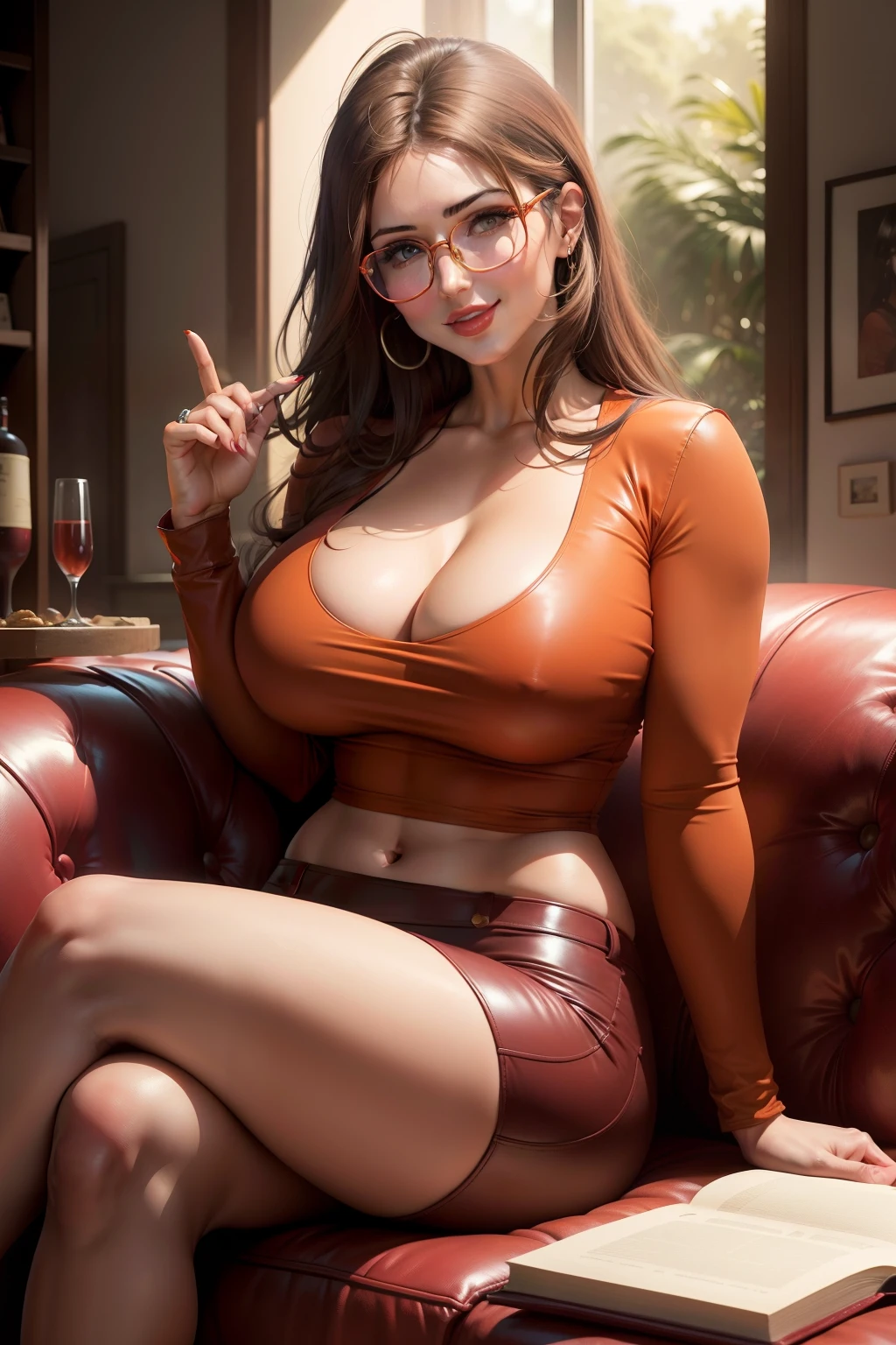 Lucy Pinder, portrait, face portrait, smiling, glasses, straight hair, orange t-shirt, cleavage, maroon leather pants, red lips, voluptuous, sitting.