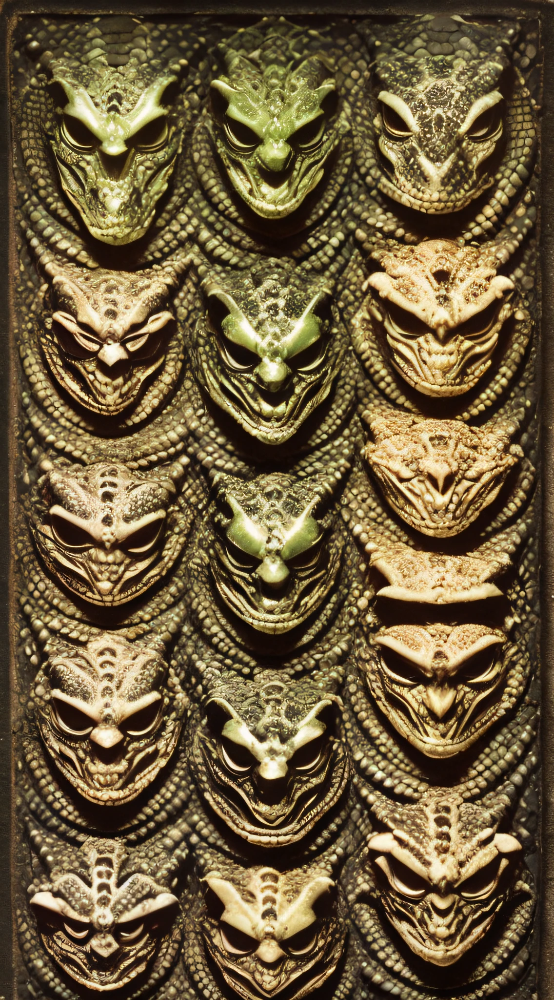 Craft a composite image of lizard people in their reptilian form, showing their alleged features like scales and sharp teeth.