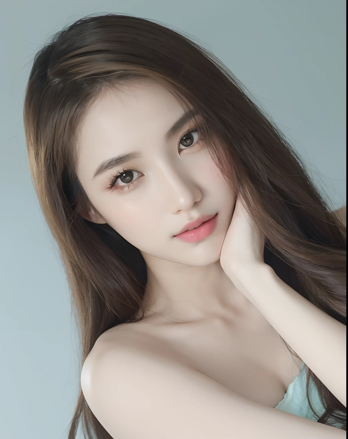 a close up of a woman with long hair posing for a picture, girl cute-fine-face, beautiful asian girl, young cute wan asian face, light green tone beautiful face, gorgeous young korean woman, beautiful young korean woman, beautiful south korean woman, anime thai girl, beautiful girl model, feminine beautiful face, asian beautiful face, beautiful aesthetic face, Best picture quality, masterpiece, ultra high resolution, 8k, cleavage, big boobs, bust detail, hair detail, eye detail, sharp eyes, thin smile, professional lighting