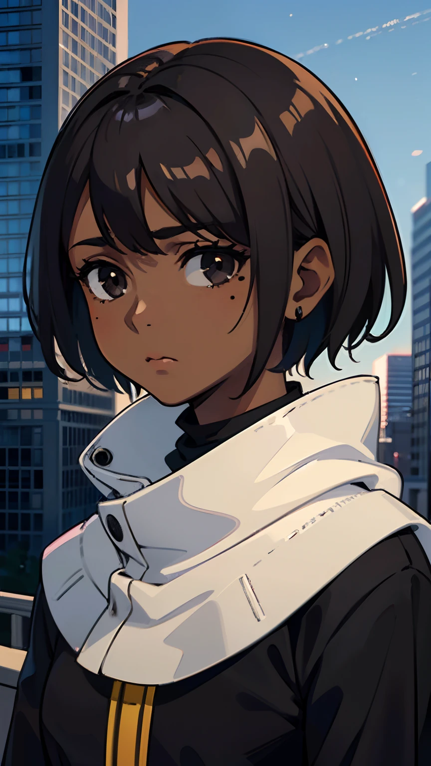 1 girl, (dark brown skin tone:1.4), very short hair, black eyes colour, mole down the right eye, (black Muslim clothes:1.1), Cold expression, depressed, dominant aura, (high quality, masterpiece, extremely detailed:1.2), city background, portrait