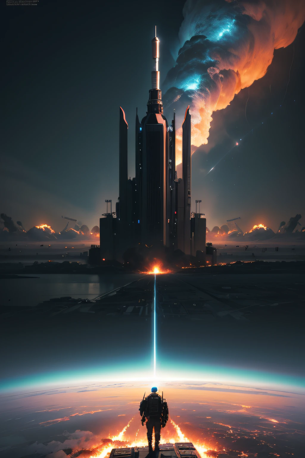 illustration of worldwar 3 choas israel,america,russia and all the countries have been invloved choas nuclear devastation everywhere world has been collapsed, Sublime, Cloudcore, Japanese print, low angle, Game engine rendering, 500px, Collage, complement colors, Mallgoth, spectrography lighting, super realistic, hyper detailed, dramatic lighting, 4k --ar 1:1