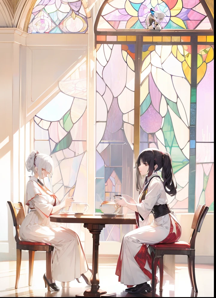 (masutepiece:1.5), ighly detailed, Ultra-detailed, (top-quality), (Pale), [White hair], [Black hair], [double ponytails], sitting together, Drinking tea、((Huge beautiful stained glass in the background))、