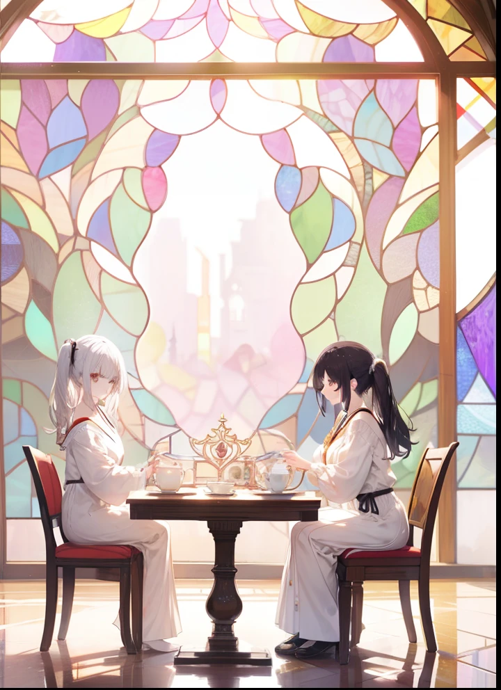 (masutepiece:1.5), ighly detailed, Ultra-detailed, (top-quality), (Pale), [White hair], [Black hair], [double ponytails], sitting together, Drinking tea、((Huge beautiful stained glass in the background))、