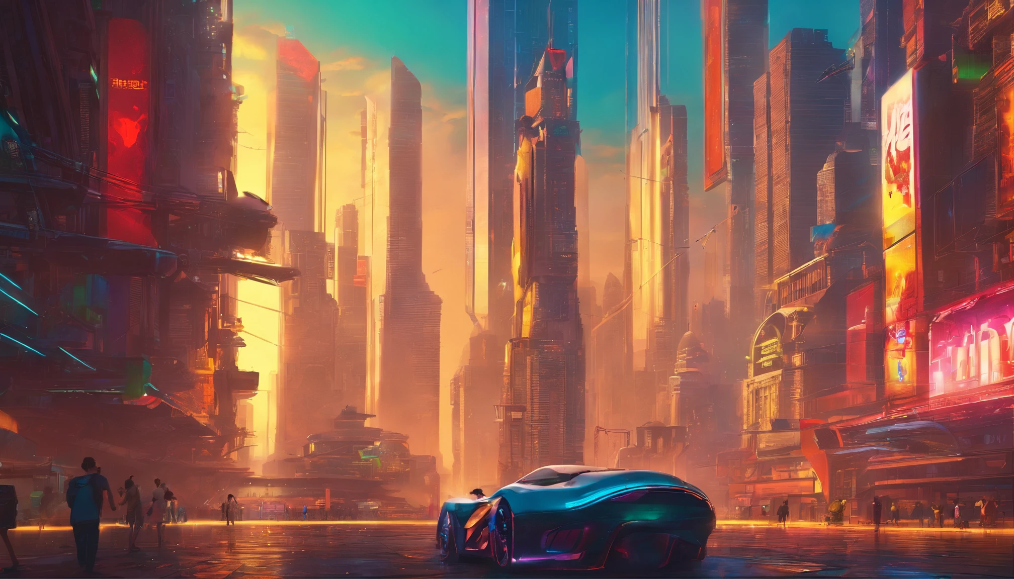 a sprawling futuristic cityscape, bustling with life and energy, set against a backdrop of gleaming skyscrapers that reach towards the heavens. The city is a harmonious blend of cutting-edge technology and organic elements, seamlessly integrating nature within its architecture. Envision a digital art medium that brings this vision to life, capturing the sleek and polished aesthetic inspired by the works of futuristic concept artists like Craig Mullins. Infuse the scene with a vibrant color palette that reflects the city's vibrancy, combining neon accents with bold primary colors and hints of natural tones. Let the composition take viewers on a visual journey through the city's dynamic streets, utilizing a combination of wide-angle perspectives and dynamic angles to showcase the grandeur of the towering structures and the vibrant activity below. Allow glimpses of futuristic transportation systems, such as hovering vehicles or high-speed trains