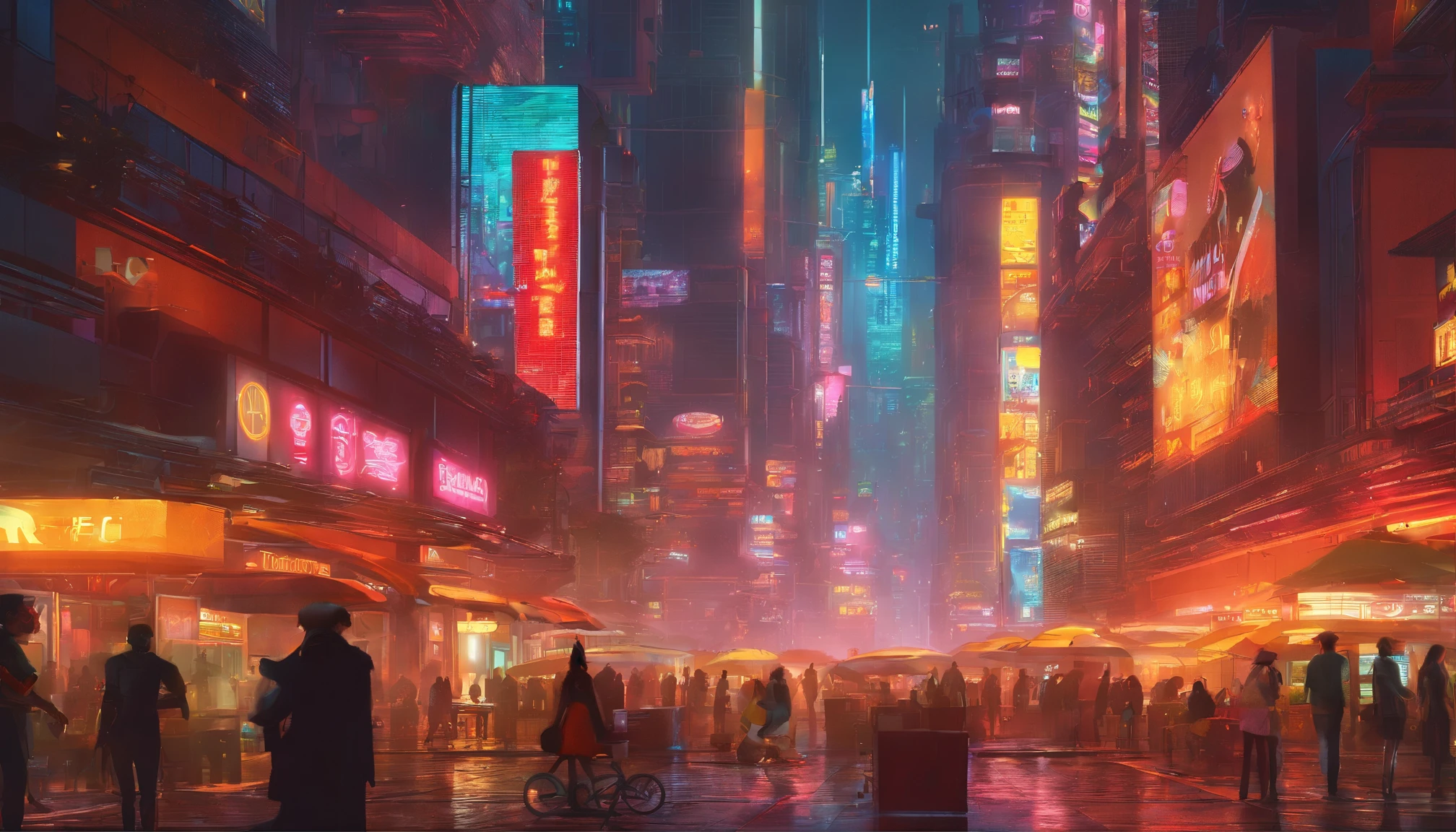 a sprawling futuristic cityscape, bustling with life and energy, set against a backdrop of gleaming skyscrapers that reach towards the heavens. The city is a harmonious blend of cutting-edge technology and organic elements, seamlessly integrating nature within its architecture. Envision a digital art medium that brings this vision to life, capturing the sleek and polished aesthetic inspired by the works of futuristic concept artists like Craig Mullins. Infuse the scene with a vibrant color palette that reflects the city's vibrancy, combining neon accents with bold primary colors and hints of natural tones. Let the composition take viewers on a visual journey through the city's dynamic streets, utilizing a combination of wide-angle perspectives and dynamic angles to showcase the grandeur of the towering structures and the vibrant activity below. Allow glimpses of futuristic transportation systems, such as hovering vehicles or high-speed trains