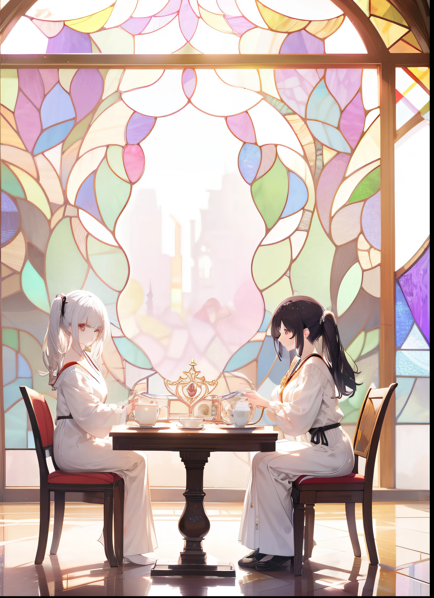 (masutepiece:1.5), ighly detailed, Ultra-detailed, (top-quality), (Pale), [White hair], [Black hair], [double ponytails], sitting together, Drinking tea、((Huge beautiful stained glass in the background))、