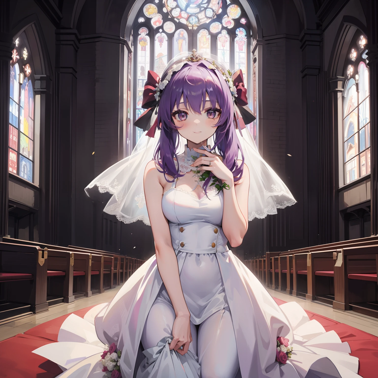 (Masterpiece), Best Quality, expressive eyes, a perfect face, 1girl, solo, purple hair, brown eyes, in church, wedding, wedding dress, veil, blush, smile, bouquet in hands, look at viewer, Shinoa Hiiragi, Shinoa attire