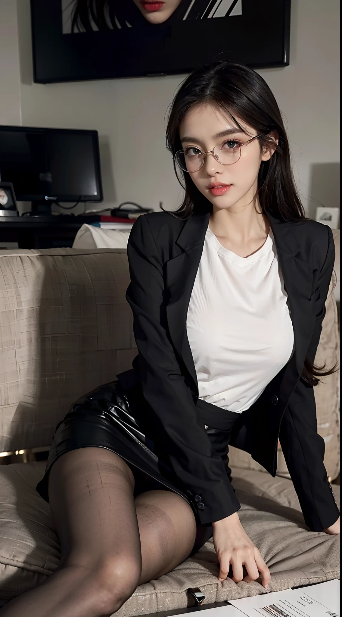 G-cup，In black suit，Reveal a little，Brown hip skirt，Superskirt，A-line skirt，He wears black pantyhose on his legs，high-heels，Wearing glasses，Sit on the couch in the office，A pen in his hand，The beauty of mixed races，huge size eyes，Very white skin，lips in red，with sexy look，being thin，Very skinny，legs separated，Smooth skin，The face is a little rosy，Lips slightly open，There is a little white milk stain at the corner of the mouth