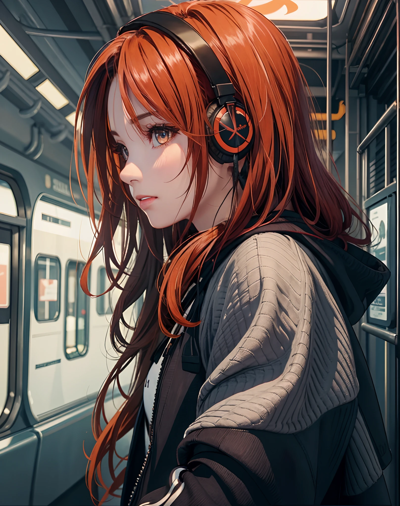 (masterpiece, sidelighting, ultra-detailed, finely detailed beautiful eyes: 1.2), 1girl, bag, building, from side, headphones, hood, hood down, hooded jacket, hoodie, jacket, long hair, orange hair, profile, red hair, solo, train, train interior, upper body, Masterpiece, best quality