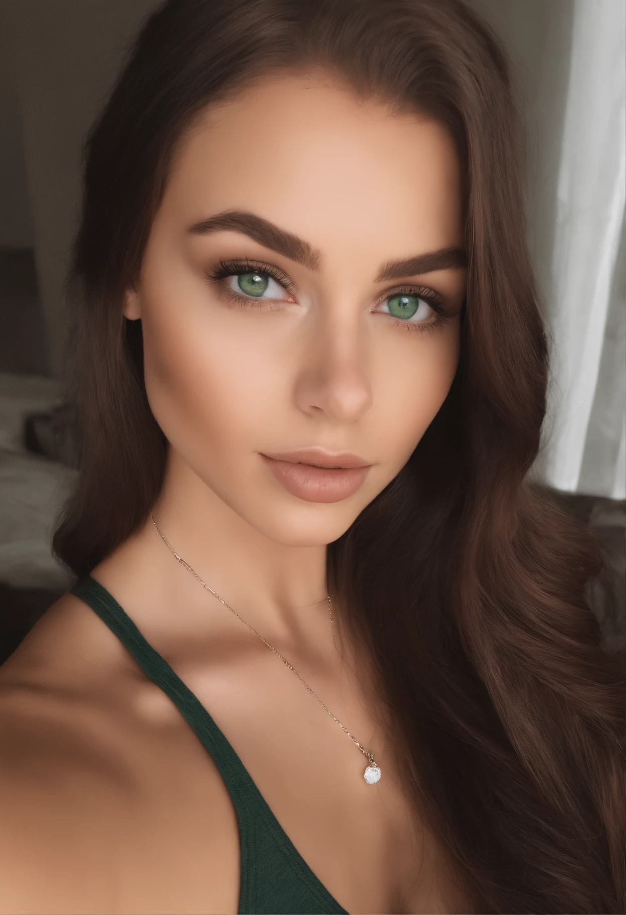 arafed woman with a white tank top and a necklace, sexy girl with green eyes, portrait sophie mudd, brown hair and large eyes, selfie of a young woman, bedroom eyes, violet myers, without makeup, natural makeup, looking directly at the camera, face with artgram, subtle makeup, stunning full body shot, piercing green eyes,