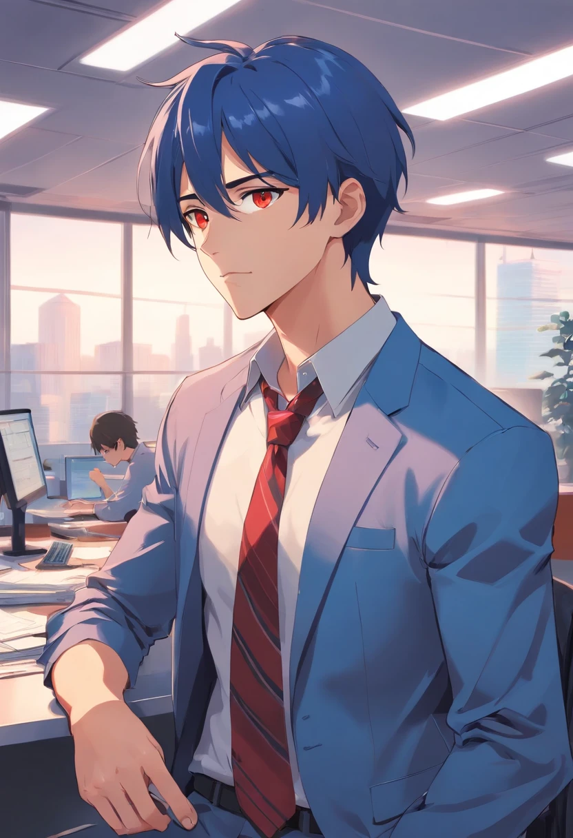 A beautiful man without a beard . Possesses muscles . Business clothes in blue and black . red eyes . Medium length blue hair .in the office