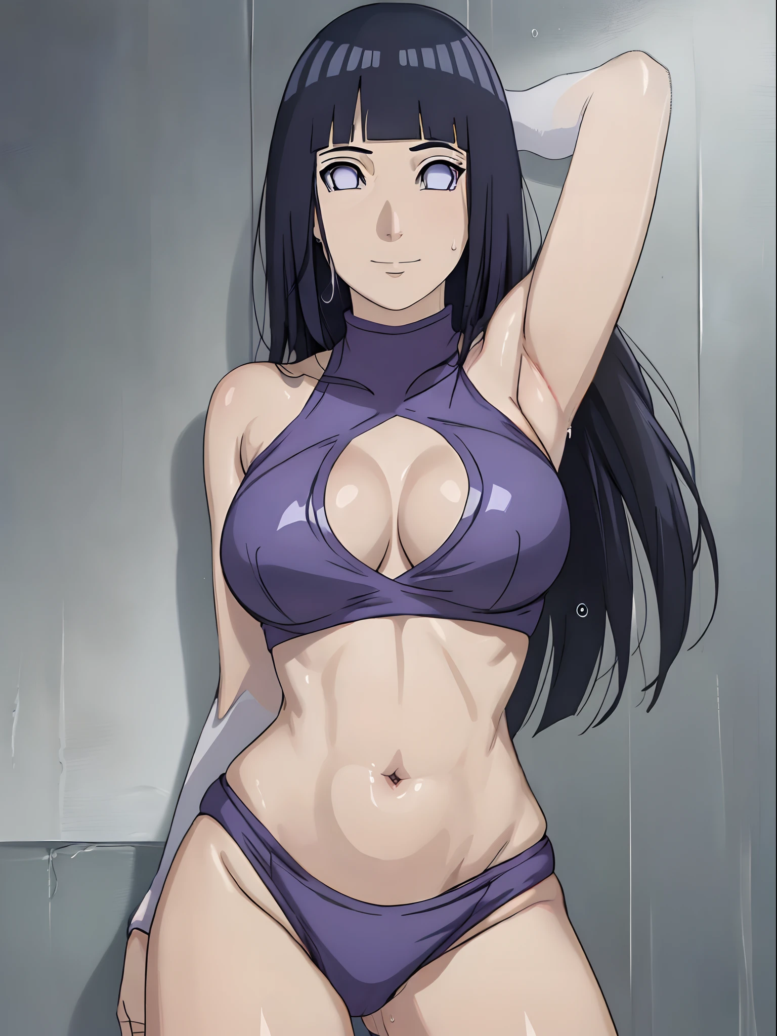 (ultra detailed body, ultra detailed face), poster, anime style, hires ((pro wrestling arena, pro wrestling match)), (hinata\(boruto\), (female wrestler), (slender body, sweating, tired), mature woman, milf, (tight bikini, ultra detailed pro wrestling gear), victorious, gorgeous, winner, kind face, smile, closed mouth, (pale skin, shiny skin, lighting and shadow), (dark blue hair color:1.1), ((long hair, hime cut), big breasts, (only one arm stretching), long belly, closed fists, seductive, (perfect eyes, white sciera, bright eyes, white eyes, anime eyes, looking at the viewer, kind look)