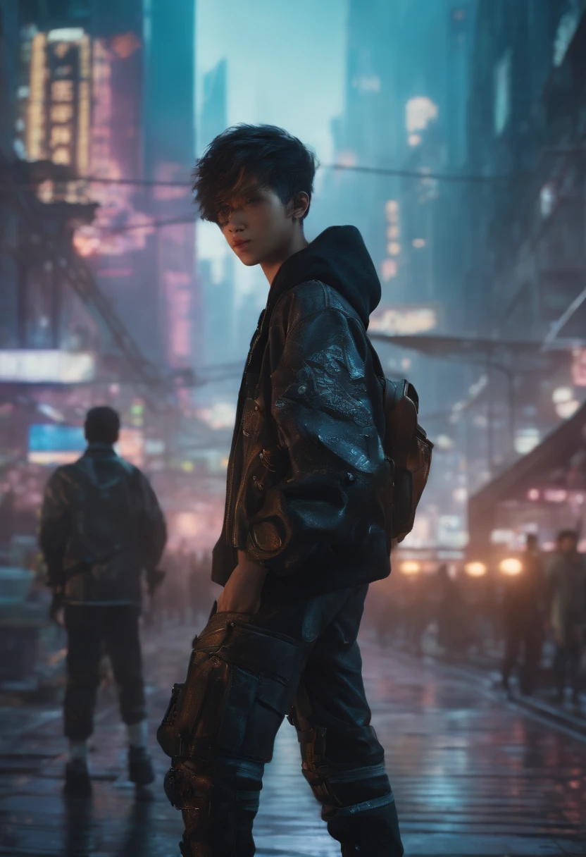 Cyberpunk City with age boy Character (boy asian), masutepiece, (Best Quality:1.4), realisitic, Highly Detailed CG Unified 8k Wallpaper, ighly Details, High Definition RAW Color Photography,