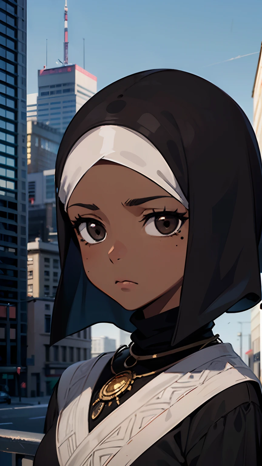1 girl, (dark brown skin tone:1.4), very short hair, black eyes colour, mole down the right eye, (black Muslim clothes:1.1), Cold expression, depressed, dominant aura, city background, portrait