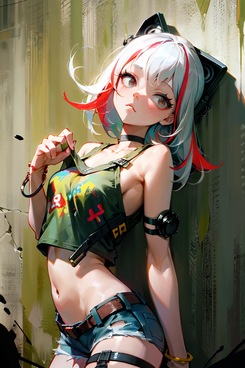 absurdress, Best Quality,1girl, 独奏, Streaked Hair, crop-top, jean shorts, Choker, (apocalyptic atompunk:1.5),  paint splatter, Hands Behind Your Back, (stooped), leaning back, Against a wall, (Tilt to the side:0.25), looking a viewer, A bracelet, thigh strap, Streaked Hair, Paint on the body, upturned eyes, head down, tilt of head, (from side:0.75), bored, (expressionless:0.75)