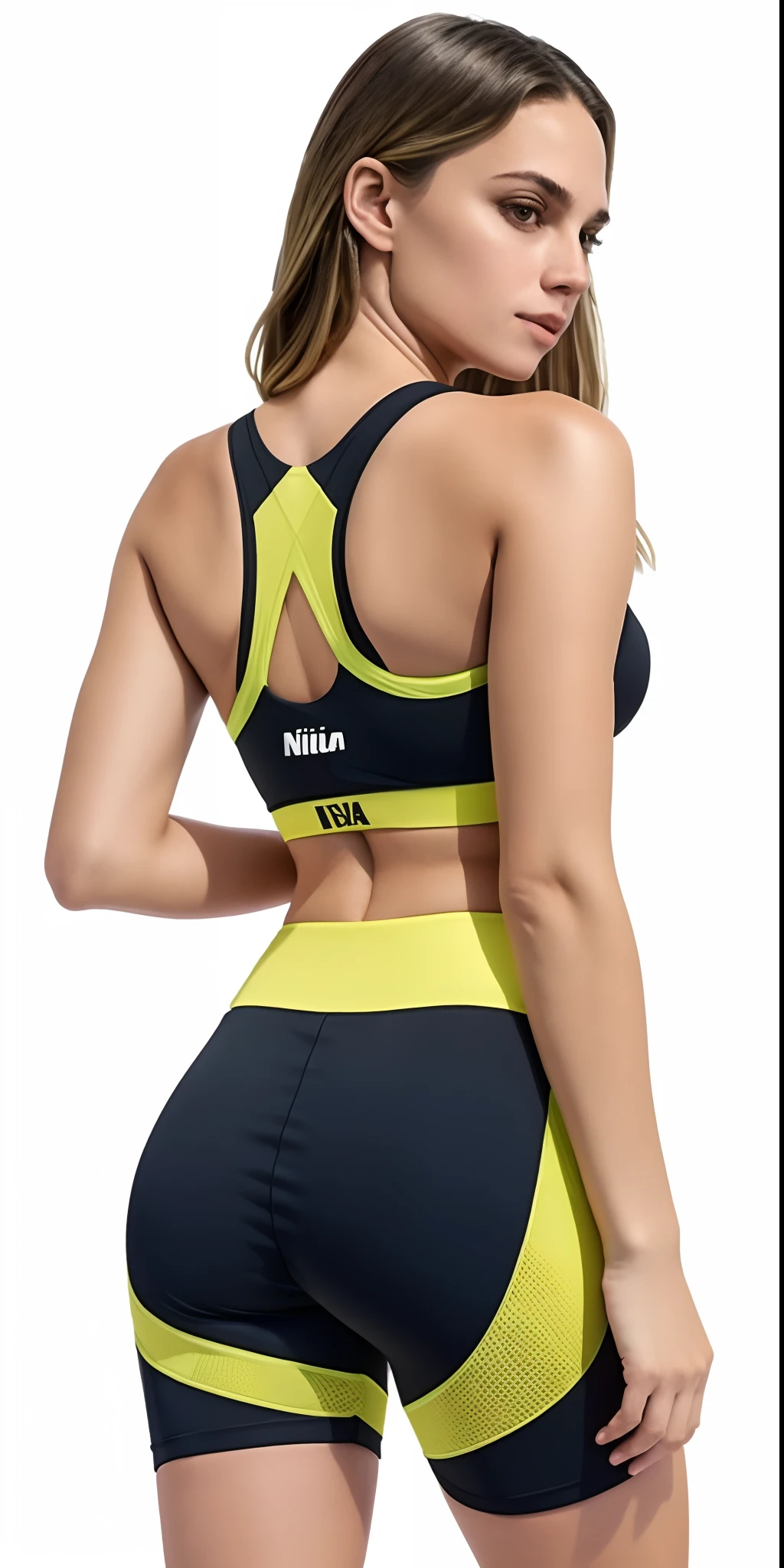 A woman in a black and yellow sports bra top and shorts, sport bra and shorts, two piece workout clothes, Esporte bom, sport bra and shirt, fato de treino preto e amarelo, roupas esportivas fofas, sports bra, voltar - ver, brassier, roupas esportivas, sport bra and dark blue shorts, detailed sports bra, roupas esportivas, back view also, cintura - tiro, fotografia realista, fotografia, obra-prima, realista, Realismo, renderizado, Alto contraste, Arte Digital, fotográficorealista, trend in Artstation 8k HD, high definiton, circunstanciado, Realistic, detalhada, textura da pele, hiperdetalhada, Textura realista da pele, melhor qualidade, ultra high-resolution, (fotografia realista: 1.4), alta resolução, detalhada, fotografia crua, sharp resolution, Nikon D850 filmes, fotografia de stock 4, Kodak Portra 400 Camera F1 Lens.6, textura hiper realista, lighting dramatic, Unrealistic trend in Artstation Cinestill 800, .RAW.