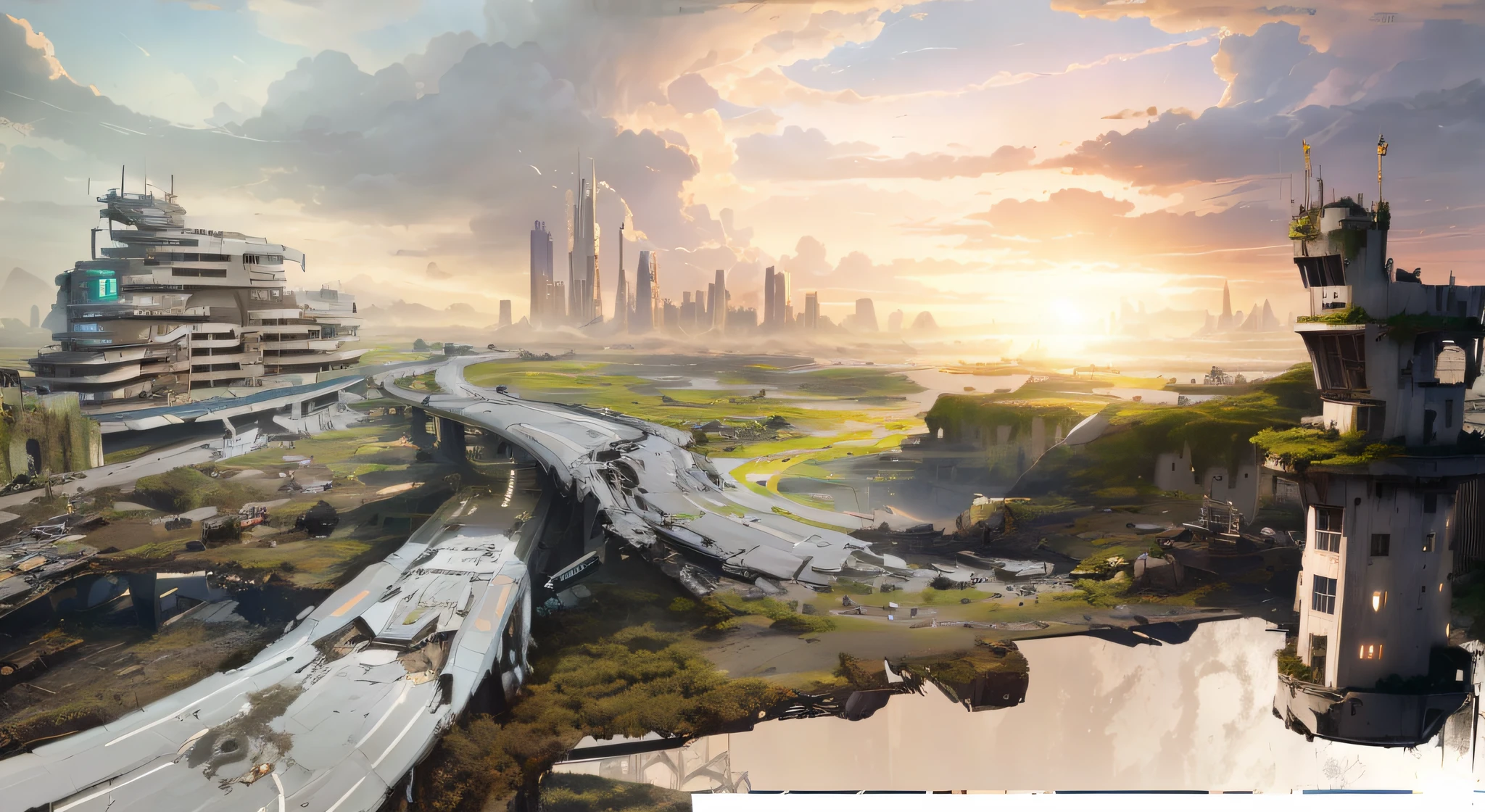 Draw a futuristic city with bridges and rivers, Dystopian digital concept art, outdoors ruined cityscape, environment concept art, matte painting comic book art, destroyed city in background, cityscape ruins in the distance, apocalyptic landscape, Ruined cityscape, post apocalyptic landscape, urban concept art, Dystopian landscape, future concept art, Concept art wallpaper 4K, apocalyptic future city