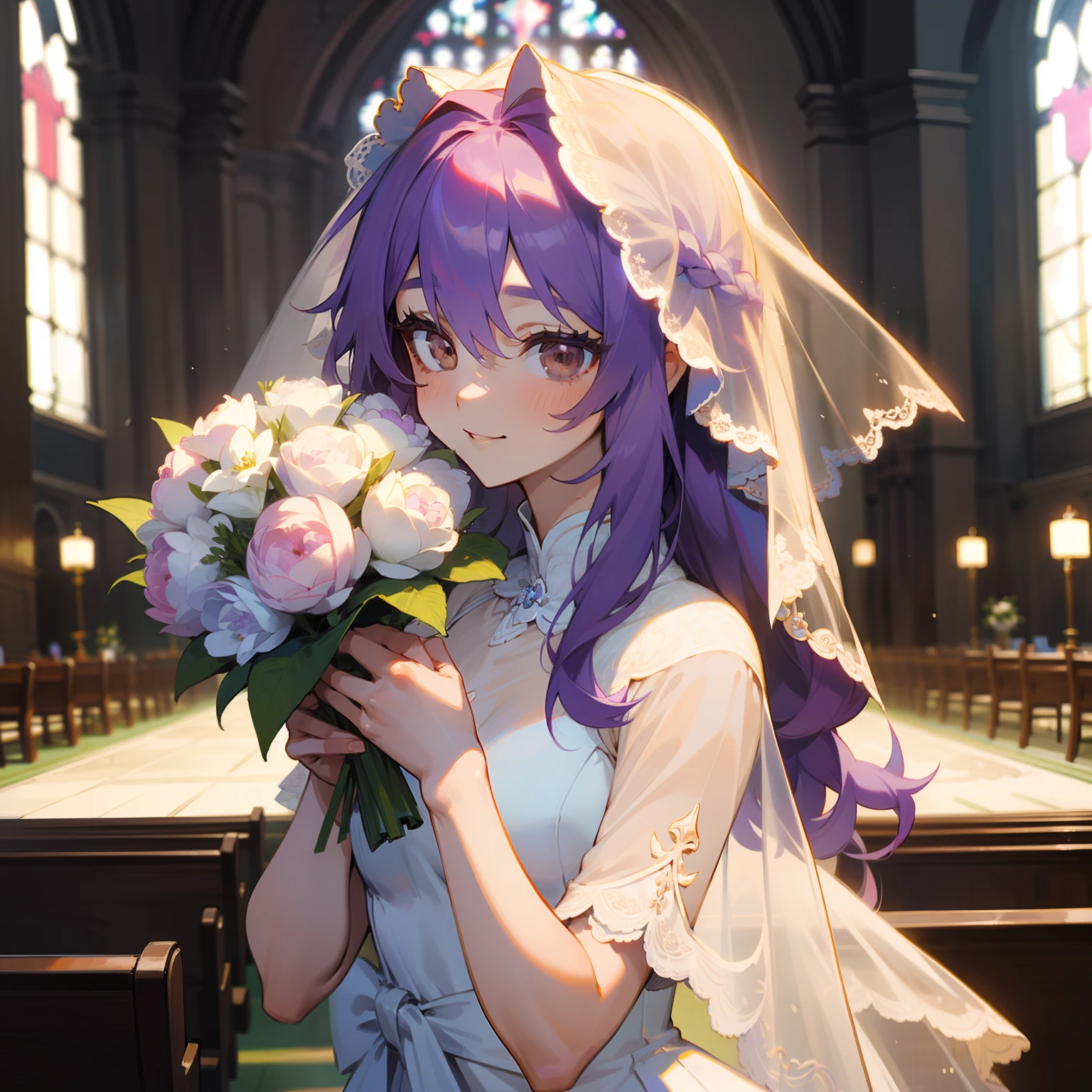 (Masterpiece), Best Quality, expressive eyes, a perfect face, 1girl, 独奏, purple hair, Brown eyes, in the church, wedding, wedding dress, veil, blusher, Smile, Bouquet in hand, look at the viewer, Shinoa hiiragi, Shinoa attracts