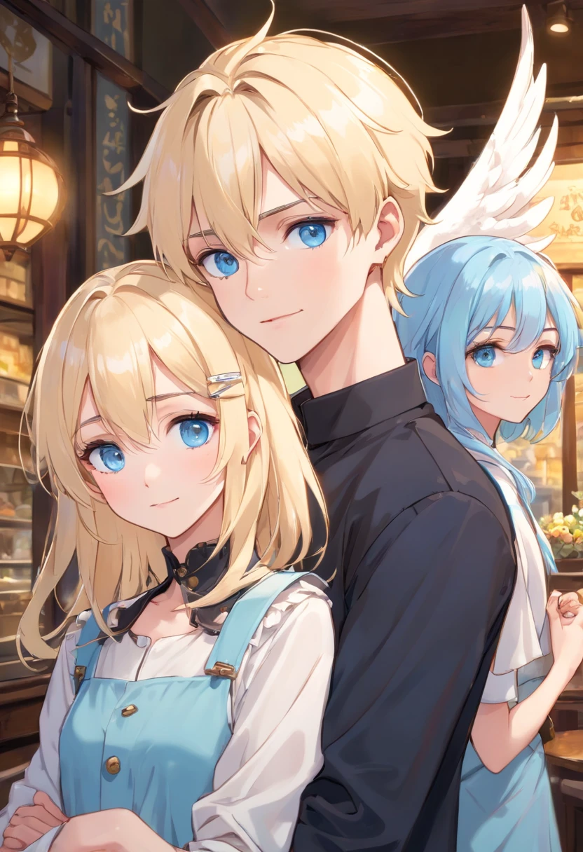 ​masterpiece, best quality, 2Others, ((Family of 3)), Adults, Height difference, different colors, subtle eyes and facial details, intricate details, Wizarding World Costumes, In the coffee shop, While walking, Smile, Happiness , tenderness, youth, high level of image quality、Beautiful men and women、tall、window、𝓡𝓸𝓶𝓪𝓷𝓽𝓲𝓬、British men, Idol Photos, k pop, Professional Photos, ((Handsome Man and angel)), androgynous, :9 facial details: 8, extra detailed face, detailed punk hair, ((Light blue eyes)) loose eyes, Seductive. Highly detailed semi-realistic anime, hyperrealistic teenager, ethereal androgynous prince, imvu, short hair above the ears, Man with short hair, Woman with long hair, With a man with a glaring expression, Woman smiling softly, ((Little British boy with short black hair and light blue eyes)), ((Father with short blonde hair and light blue eyes)), ((Mother with rather long pink hair and light blue eyes)), ((Beautiful long blonde hair light blue eyed girl)), ((Family Photography)), ((3 people taking pictures)), ((Group photo of 3 people)), ((Family of 3 people)), ((Only 3 people))