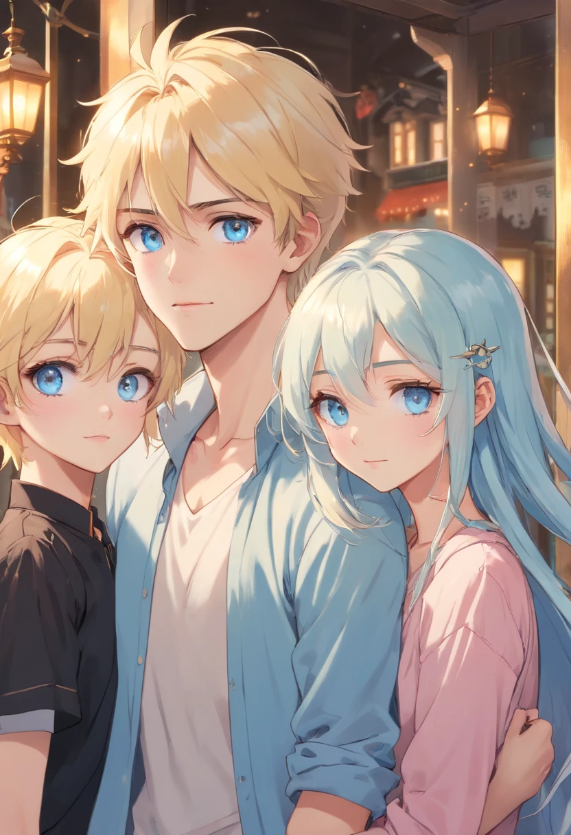 masterpiece, best quality, 2Others, ((Family of 3)), Adults, Height difference, different colors, subtle eyes and facial details, intricate details, Wizarding World Costumes, In the coffee shop, While walking, Smile, Happiness , tenderness, youth, high level of image quality、Beautiful men and women、tall、window、𝓡𝓸𝓶𝓪𝓷𝓽𝓲𝓬、British men, Idol Photos, k pop, Professional Photos, ((Handsome Man and angel)), androgynous, :9 facial details: 8, extra detailed face, detailed punk hair, ((Light blue eyes)) loose eyes, Seductive. Highly detailed semi-realistic anime, hyperrealistic teenager, ethereal androgynous prince, imvu, short hair above the ears, Man with short hair, Woman with long hair, With a man with a glaring expression, Woman smiling softly, ((Little British boy with short black hair and light blue eyes)), ((Father with short blonde hair and light blue eyes)), ((Mother with rather long pink hair and light blue eyes)), ((Beautiful long blonde hair light blue eyed girl)), ((Family Photography)), ((3 people taking pictures)), ((Group photo of 3 people)), ((Family of 3 people)), ((Only 3 people))