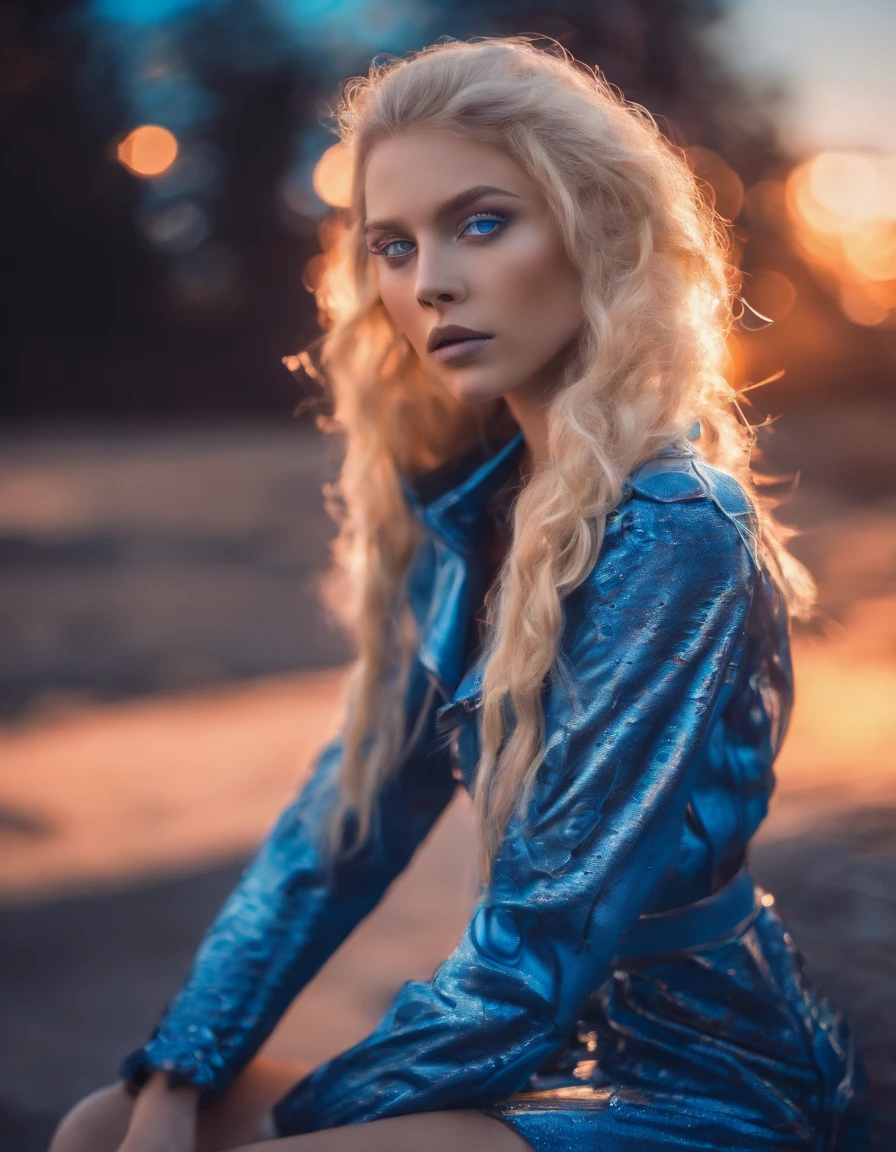 girl with blond hair and blue eyes, blue denim dress, summer sunset, bokeh effect, warm colors