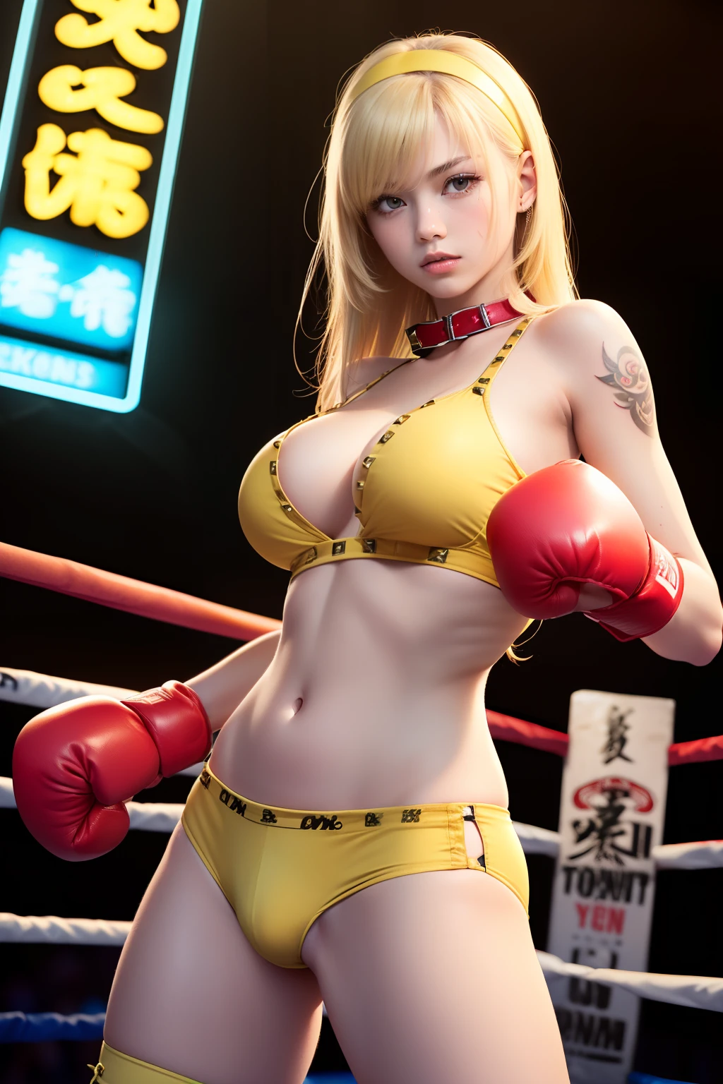 18year old, ((top-quality)), ((​masterpiece)), (high-detail:1.3), (upper body), (((front view))), Beautiful face (angelic:1.3), ((woman wearing yellow camisole and yellow boxing trunks)), ((studded dog collar)), ((sweatbands)), ((suede boots)), ((yellow hairband)), (((gigantic breasts))), Slim waist, small buttocks, (Japanese beauty), superfine illustration, exaggerated hair, ((long blonde hair with bangs)), (no bra!), ((barechested!), boxing ring!, ((tattoo)), (((cuts and grazes on skin))), ((fighting stance!)), ((fists held in front of body)), ((angelic face)), ((neon signs)), ((holding tonfa!))