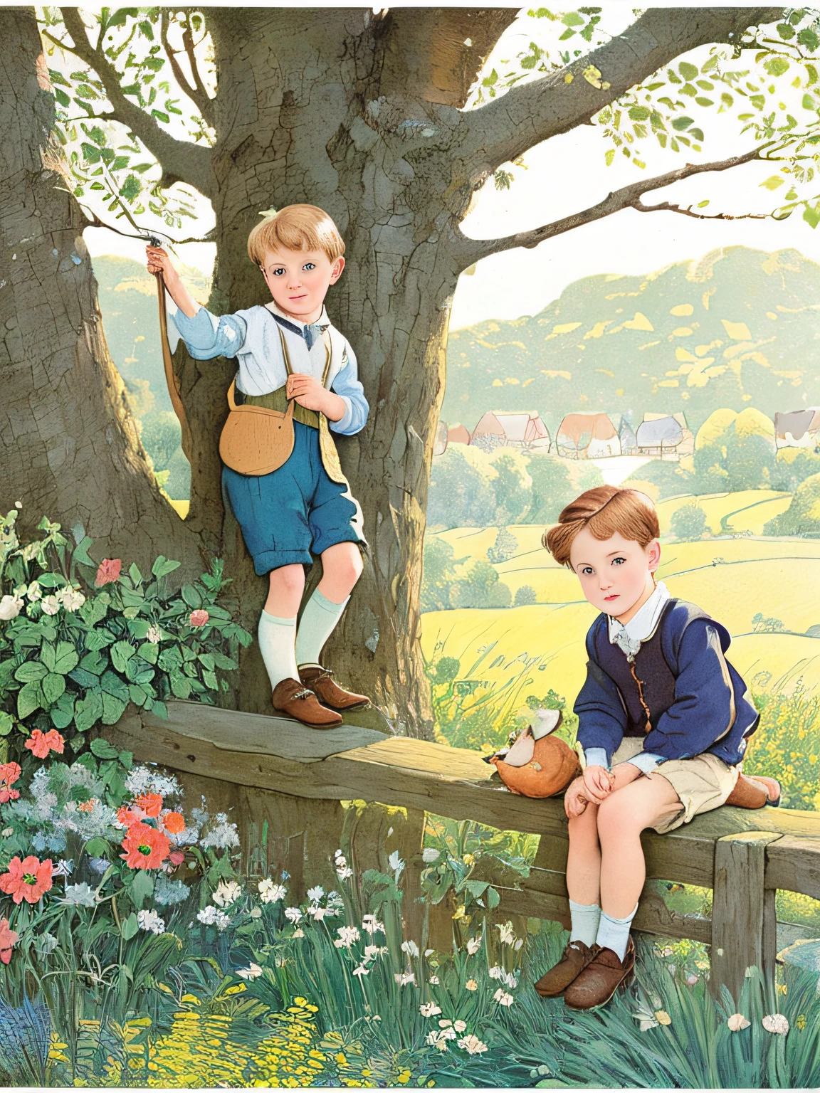 painting of a boy sitting on a fence with a bird in his hand, classic children's illustration, full color illustration, story book illustration, inspired by Jessie Newbery, published art, storybook illustration, illustration for children, style of john blanche, inspired by John Maggs, by Albert Swinden, art style of john blanche, a storybook illustration