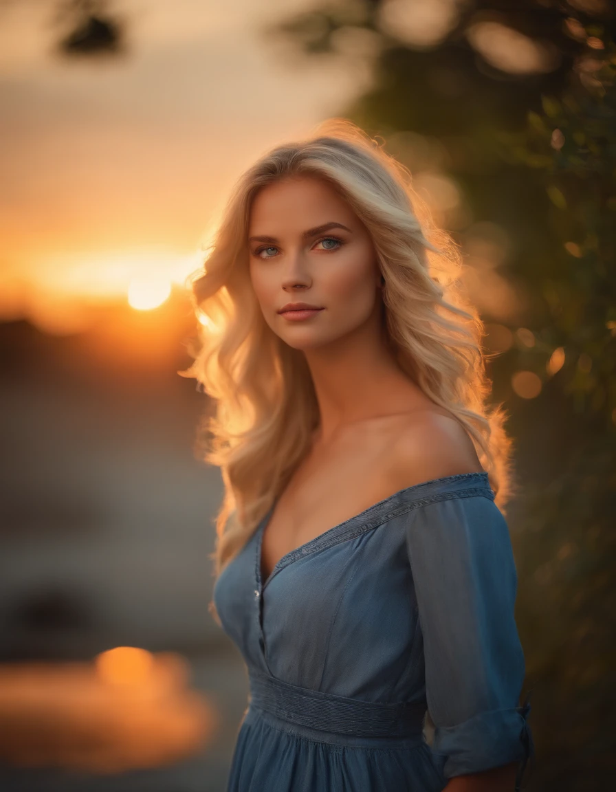 girl with blond hair and blue eyes, blue denim dress, summer sunset, bokeh effect, warm colors