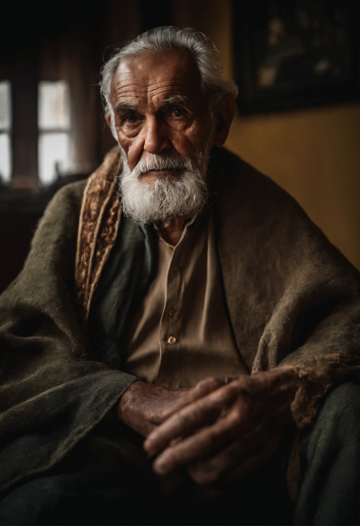 An average photo of a wise old man, looking-into-camera, Realistic details, foto tirada com uma Nikon D850, perfeitamente iluminado, uma profundidade de campo rasa