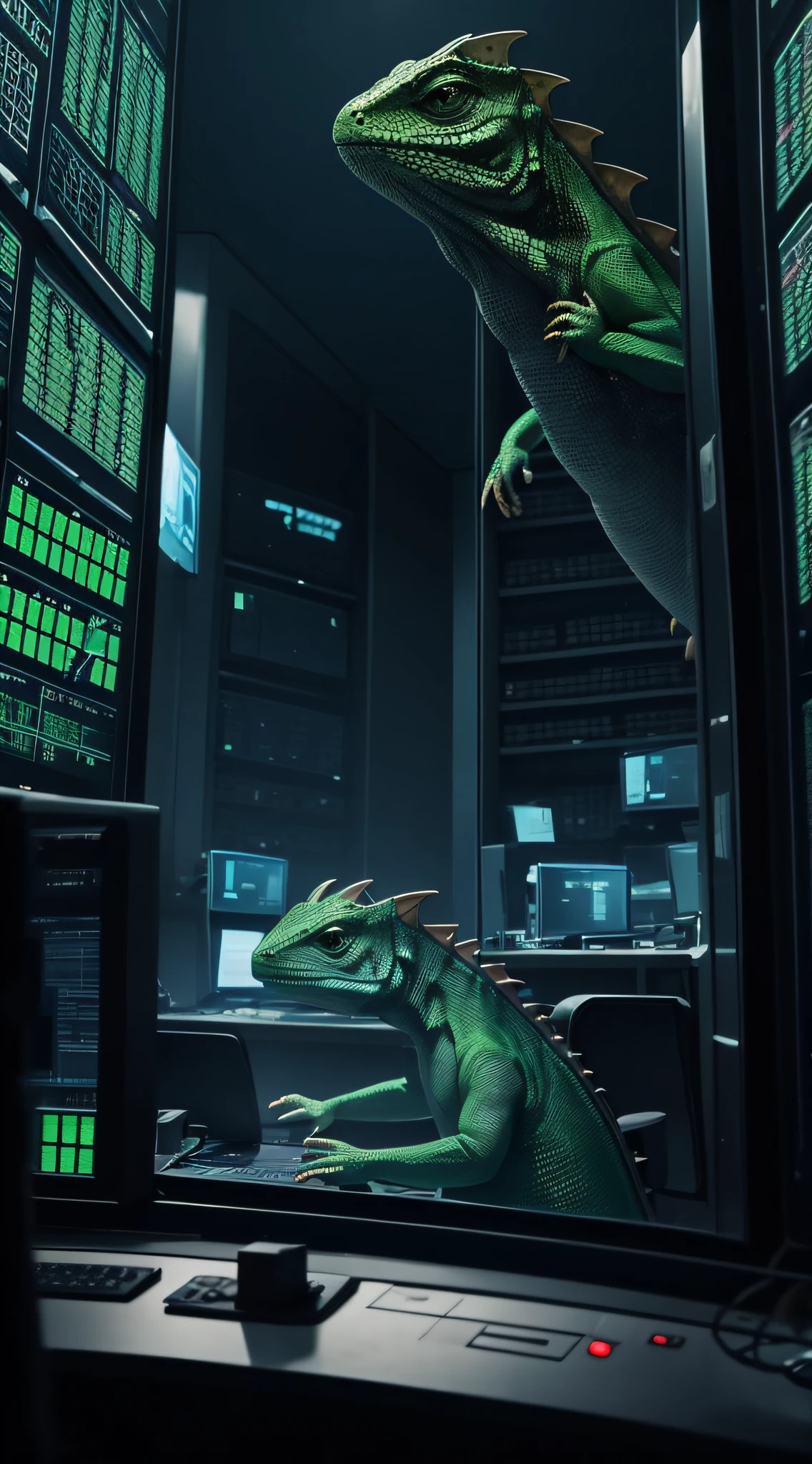 Create an eerie scene of lizard people manipulating the global financial system from a dark, hidden control room.