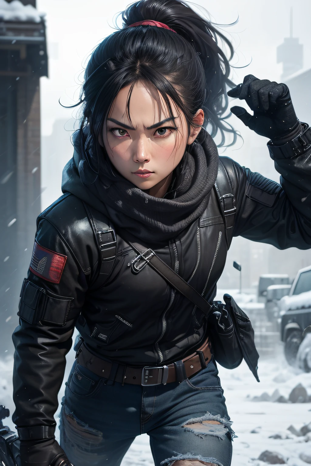 Crystal Yu, mid-twenties, straight black hair in ponytail, scowling, wearing plain but dirty waterproof jacket, keffiyeh, equipment belt with holster, jeans, snowing, driving big armoured personnel carrier through blizzard
