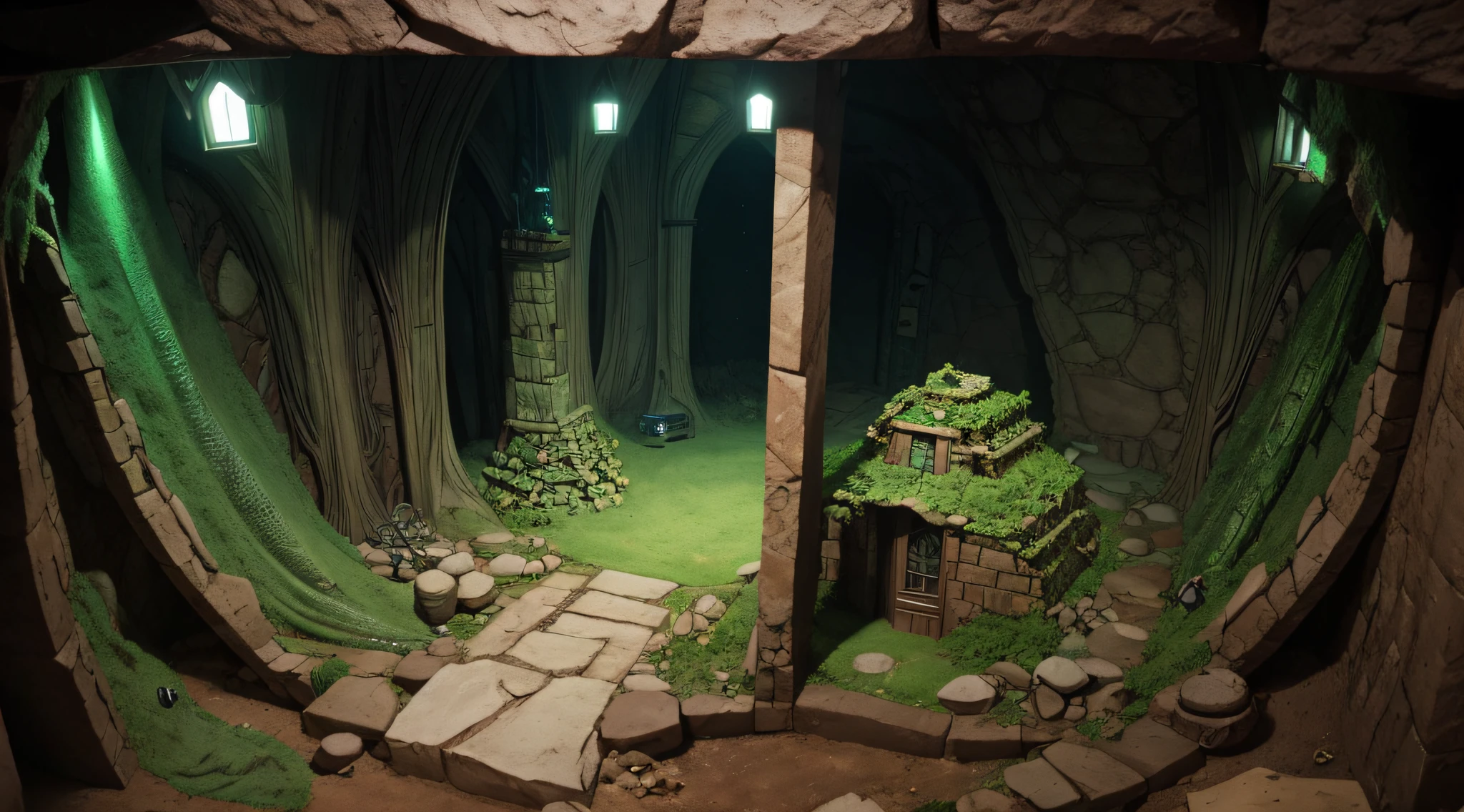 Develop a detailed cross-section of a lizard person's underground lair, complete with chambers for shape-shifting and surveillance equipment.