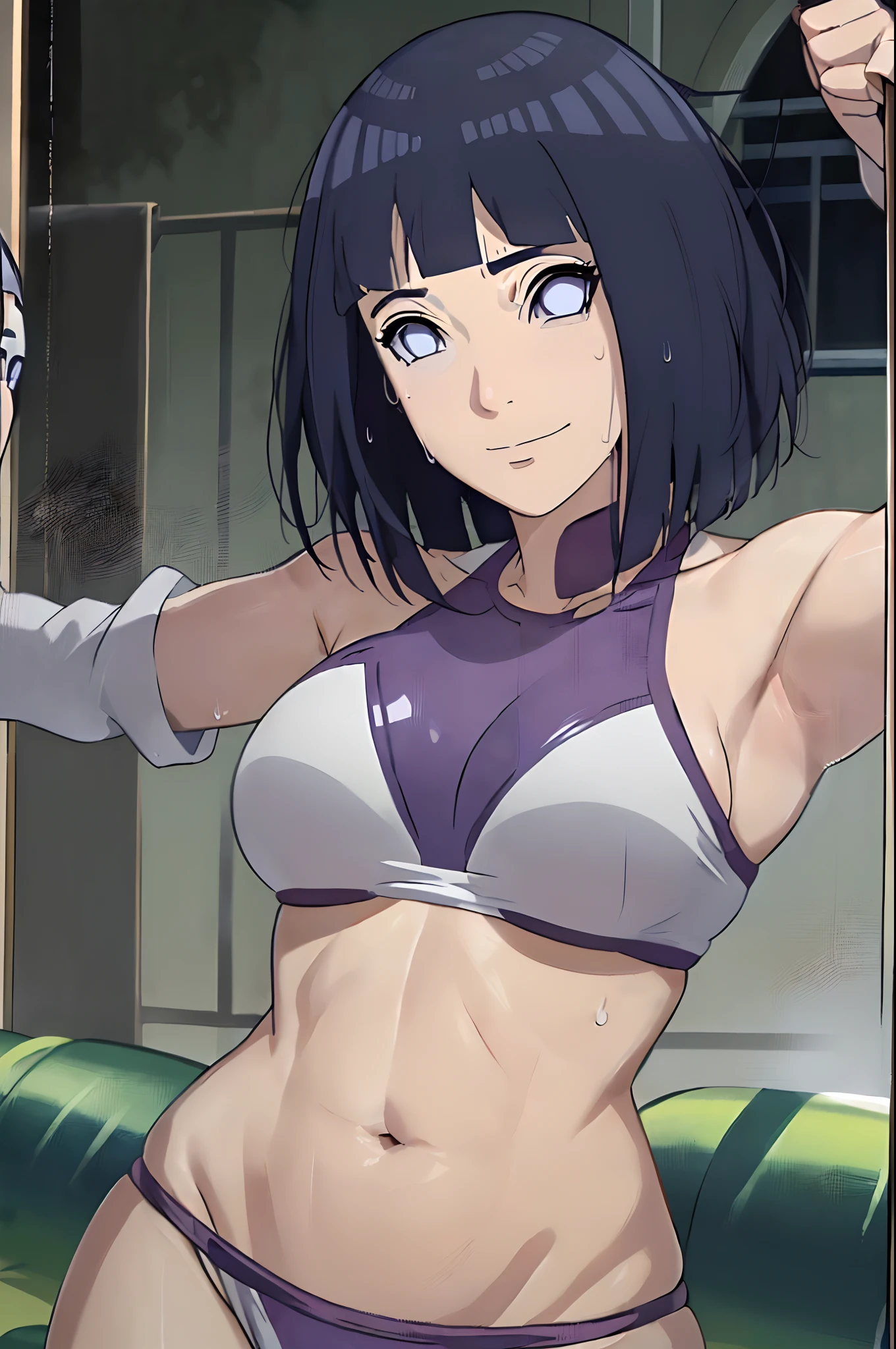 (ultra detailed body, ultra detailed face), poster, anime style, hires ((pro wrestling arena, pro wrestling match)), (hinata\(boruto\), (female wrestler), (slender body, sweating, tired), mature woman, milf, (tight bikini, ultra detailed pro wrestling gear), victorious, gorgeous, winner, kind face, smile, closed mouth, (pale skin, shiny skin, lighting and shadow), (dark blue hair color:1.1), wavy hair, ((short hair, hime cut, floating hair), big breasts, (only one arm stretching), long belly, closed fists, seductive, (perfect eyes, white sciera, bright eyes, white eyes, anime eyes, looking at the viewer, kind look)