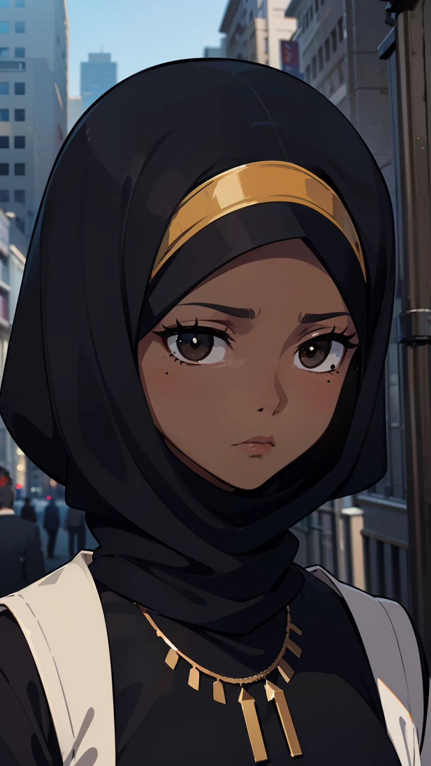 1 girl, (dark brown skin tone:1.4), very short hair, black eyes colour, mole down the right eye, (black Muslim clothes:1.1), Cold expression, depressed, dominant aura, city background, portrait