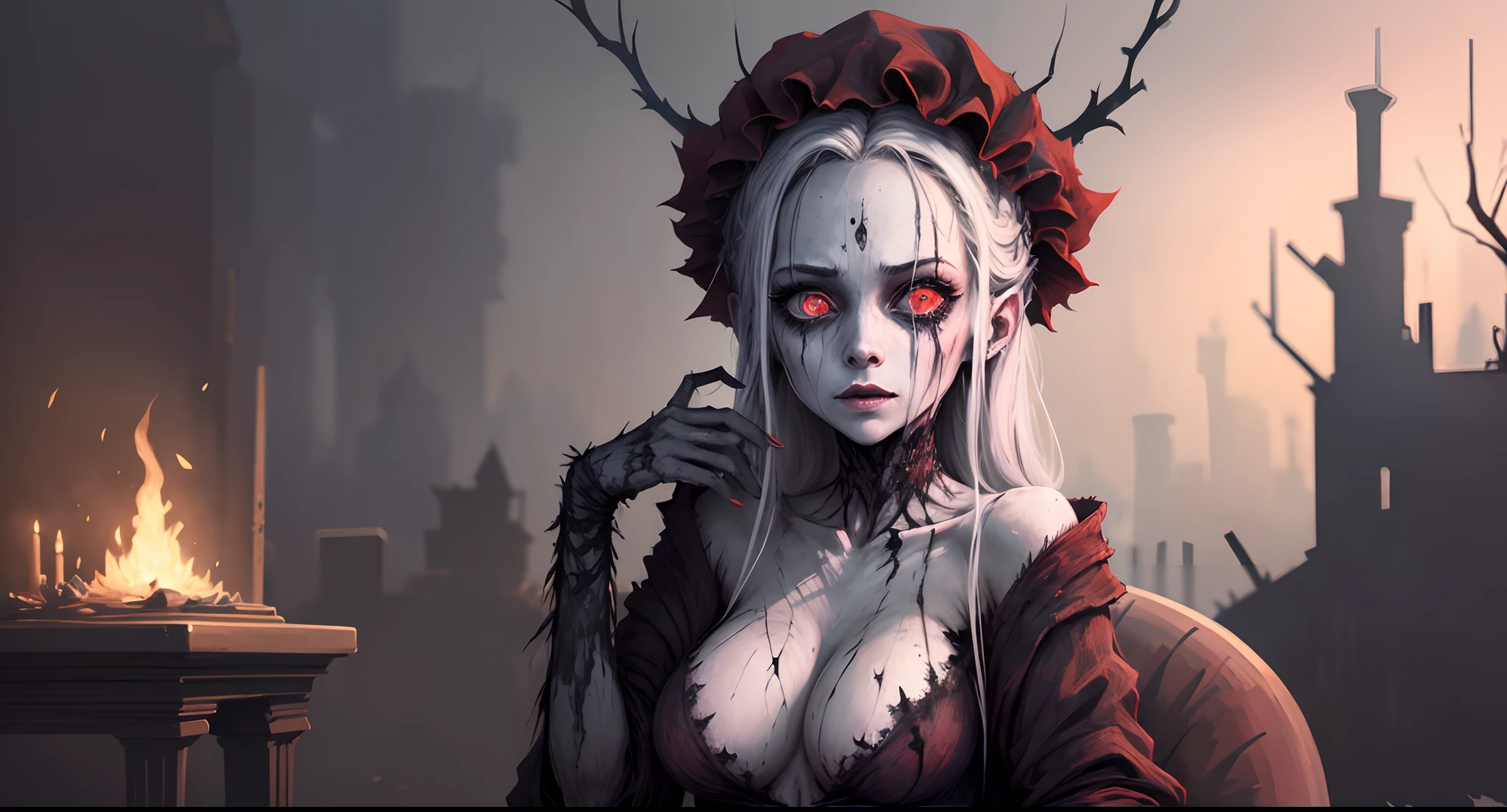 A very pal humanoid character, aux yeux rouges, Elle est folle, Noix, horreur, Elle est effrayante, Elle est effrayante, Valeur de choc, very diabolical, Elle est maigre, evoke, Peur, terreur, terreur, pourrir, disgust, elle est psychopathe, Sombre, Exceptionnellement mince, mince, Scraggly, emaciated, tordu, effrayant, Malade, Background ruins, Blanc long_robe, gore, sanglant_mains, seulement, corps entier, (messy_long_Sombre_cheveux), Bosseler, Mauvais yeux, les yeux brillants, fire in the background, (She wears a very dirty old torn_blanc_robe), psychopathe, Leaning on a sofa,