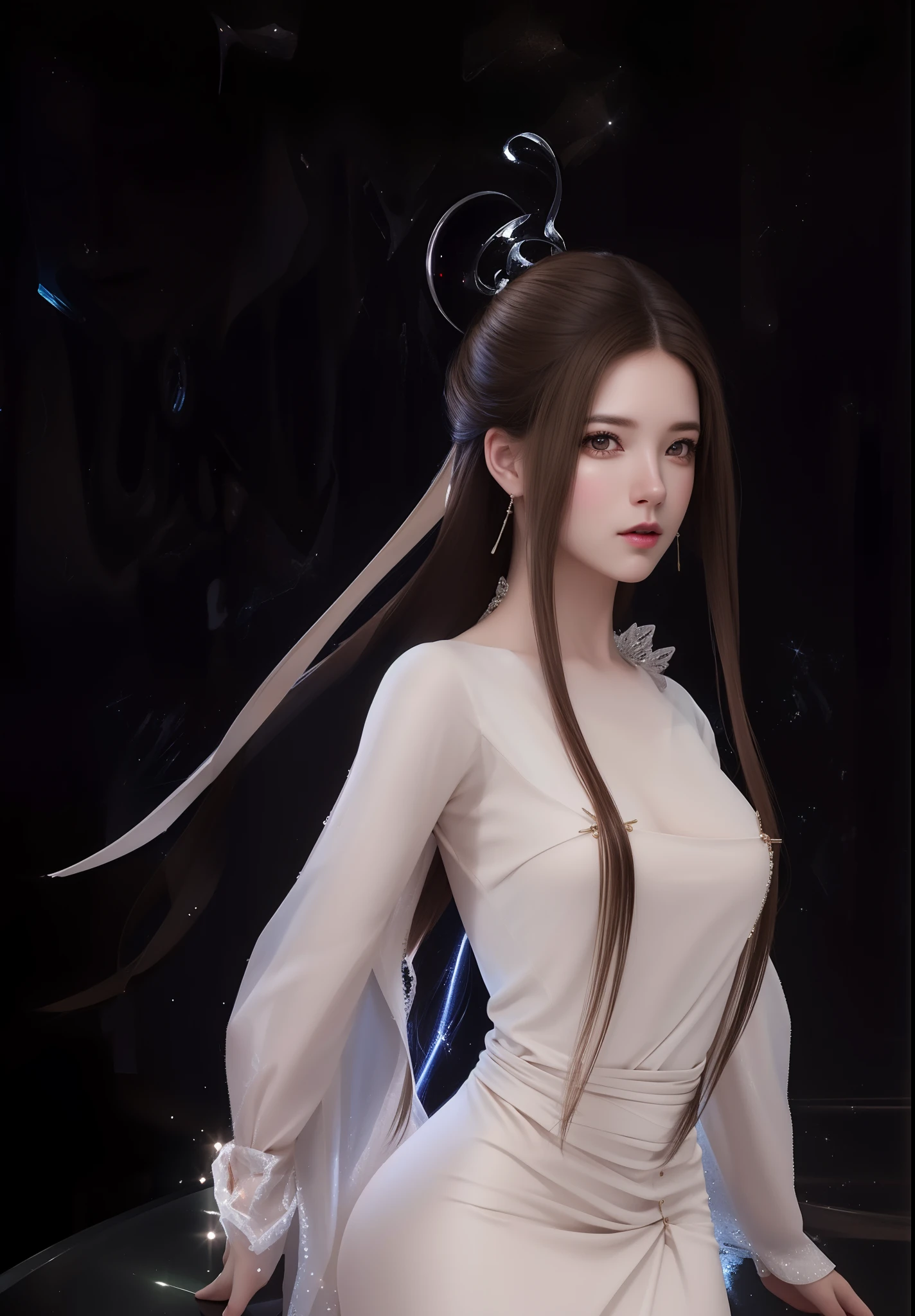 (hyperrealistic), (illustration), (high resolution), (8K), (extremely detailed), (best illustration), (beautiful detailed eyes), (best quality), (ultra-detailed), (masterpiece), (wallpaper), (photorealistic), (natural light), (rim lighting), (detailed face), (high detailed realistic skin texture), (anatomically correct), (solo), (1 girl), (high detailed realistic hair), (black hair:1.3), (heterochromic eyes), (detailed eyes), (light brown eyes:1.37), (sparkling eyes), (realistic big breasts:1.5), (exposed breasts:1.35), (long legs), (slender abs), (dynamic pose), (closed tiny mouth:1.3), nsfw, concentrated expression.
