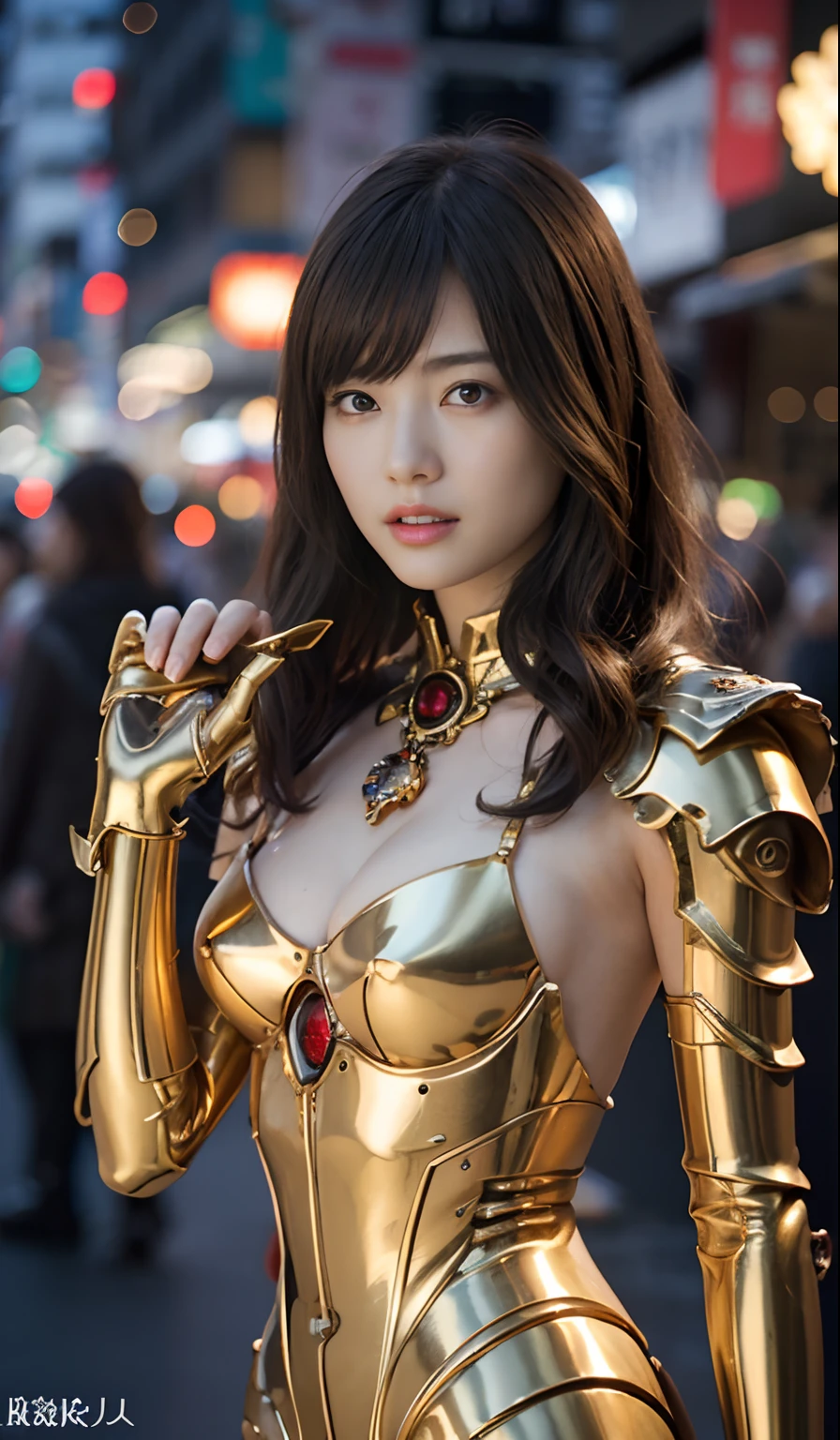 (1 Mechanical Girl)、top-quality、​masterpiece、超A high resolution、(Photorealsitic:1.4)、Raw photo、女の子1人、Golden hair、glowy skin、(((1 Mechanical Girl)))、With a beautiful knife、（Silver Metal Bodysuit）、(Medieval European city background)、(Small LED)、((super realistic details))、portlate、globalillumination、Shadow、octan render、8K、ultrasharp、Colossal tits、Raw skin is exposed in cleavage、metals、Details of complex ornaments、Japan details、highly intricate detail、Realistic light、CGSoation Trends、Red Eyes、radiant eyes、Facing the camera、neon details、(Mechanical limbs)、()、Mechanical vertebrae attached to the back、mechanical cervical attaching to neck、()、Gundam、Small LED、,Mechanical thighs、Toostock、