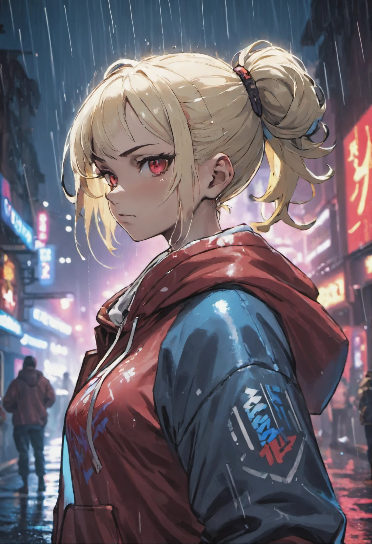 Closeup photograph, confident young cyberpunk woman with blonde and white hair in a bun, wearing a hoodie with red and blue designs on it, in a rain soaked street at night, photorealistic, cinematic lighting