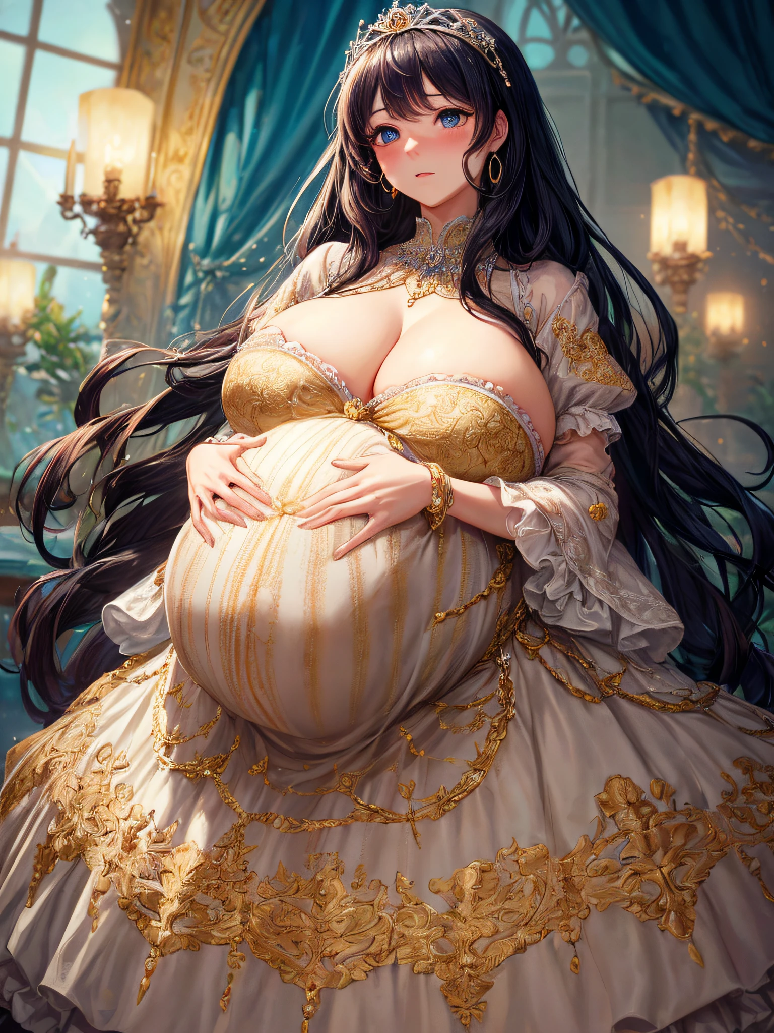 (masterpiece, best quality,extremely detailed:1.1),(moe anime art style:1.2),1girl,((full body,focus face)),((solo)), cute, kawaii,digital art,((1 bling-bling pregnant princess wearing beautiful embroidery and jeweled gorgeous rococo ballgown with jeweled voluminous full length hoop skirt)),(((heavily pregnant))),very big pregnant belly,((crinoline)),long train,voluminous frills,See-through,(gorgeous embroidery and beautiful lace),((very gigantic boobs,skindentation)),cleavage,shiny hair,(((very long hair,very long straight hair))),((embarrassed)),anguish,((finely detailed face and eyes)),clear pupil,extremely gorgeousfull hair ornament,(bling-bling jeweled extremely gorgeousfull tiara),(bling-bling gorgeous gemstone jewelry),long veil,(beautiful background),fantasy background,flowers,flower petals flowing,full body,((beautiful embroidery and jeweled ruffled gorgeous rococo ballgown with voluminous full length hoop skirt))