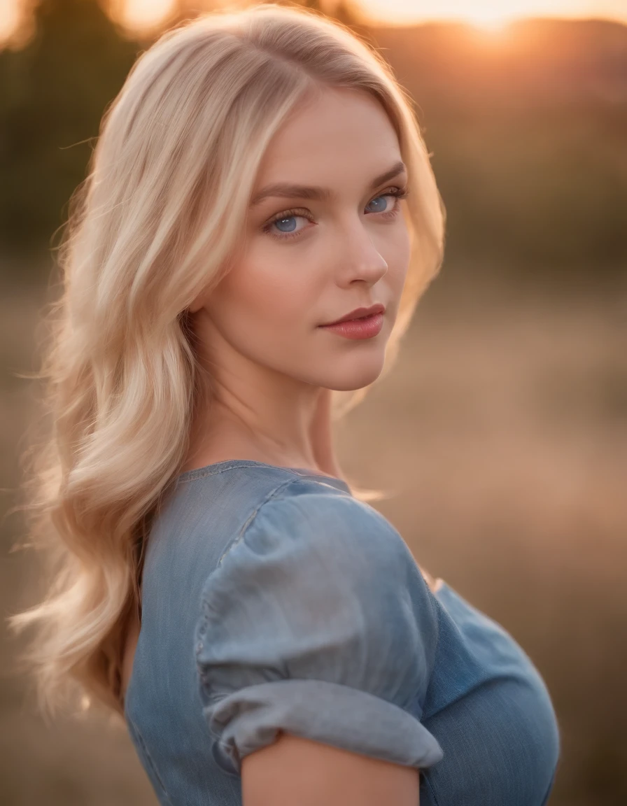 girl with blond hair and blue eyes, blue denim dress, summer sunset, bokeh effect, warm colors