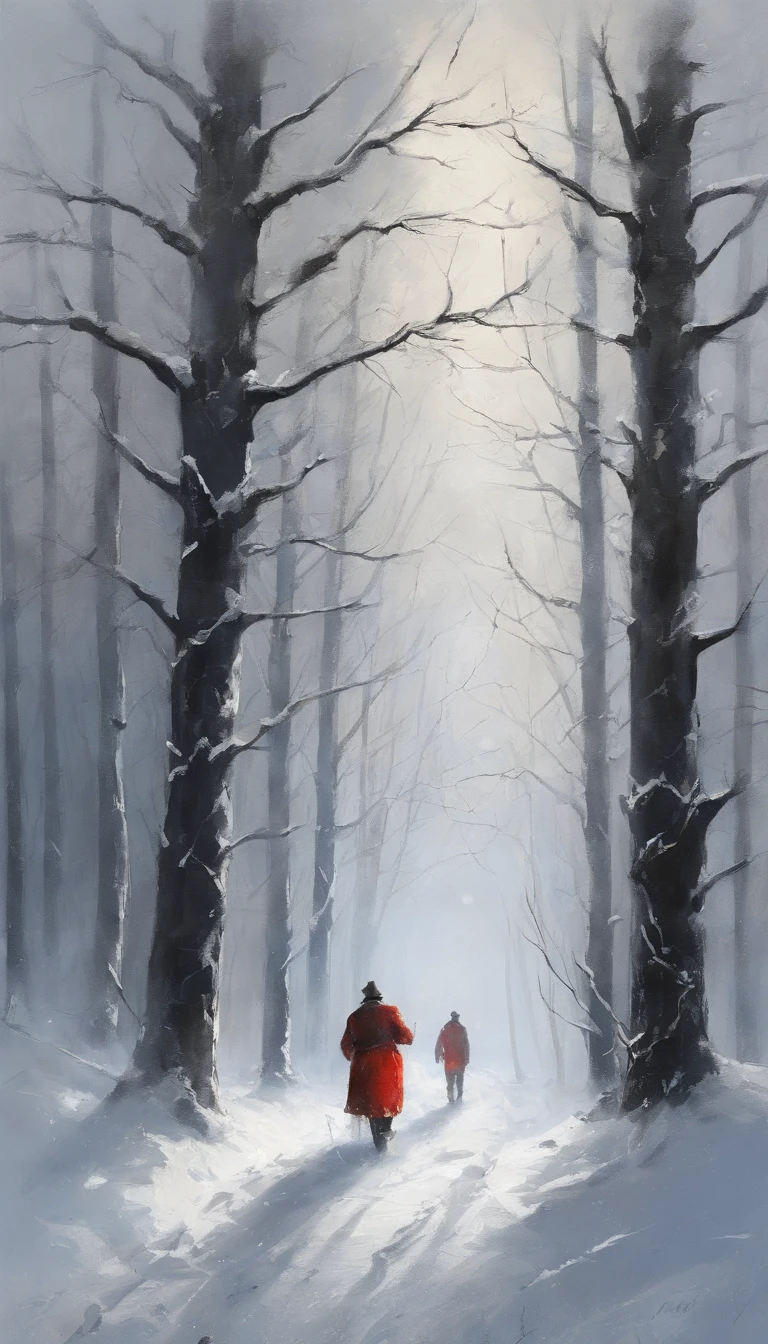 snow landscape，Back Shadow，（The distant girl turned her back to the audience:1.1），Wear a red cotton coat，Heavy snowfall，The road to a distant place，Trees withering in winter，blanketed in a mantle of snow，Winter tones，somber mood，The vista is a mountain peak，（The endless expanse of sky is drifting with snow），8k wallpaper，cinema4d，Cinematic lighting effects，Tyndall，rendering by octane，White balance，Unreal 5，Extremely detailed picture，light particules，depth of fields，tmasterpiece，realisticlying