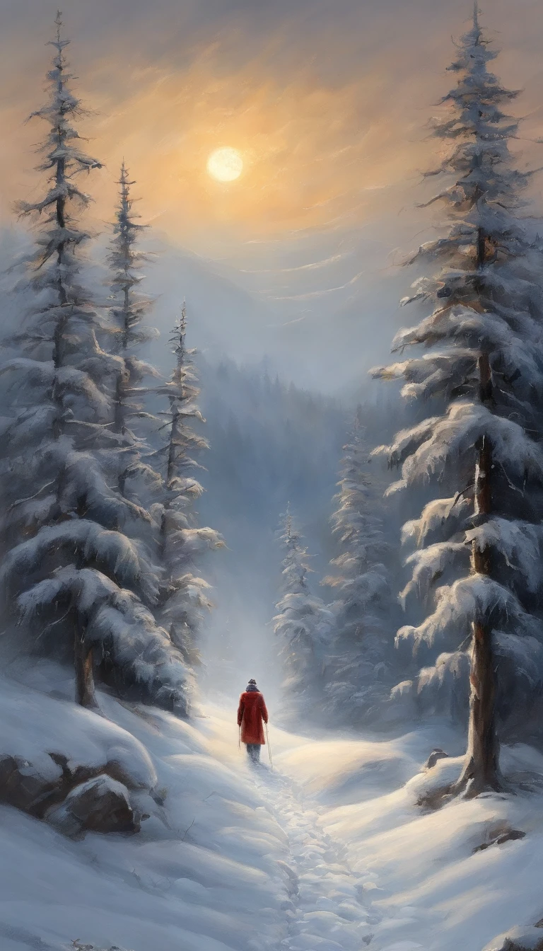snow landscape，Back Shadow，（The distant girl turned her back to the audience:1.1），Wear a red cotton coat，Heavy snowfall，The road to a distant place，Trees withering in winter，blanketed in a mantle of snow，Winter tones，somber mood，The vista is a mountain peak，（The endless expanse of sky is drifting with snow），8k wallpaper，cinema4d，Cinematic lighting effects，Tyndall，rendering by octane，White balance，Unreal 5，Extremely detailed picture，light particules，depth of fields，tmasterpiece，realisticlying