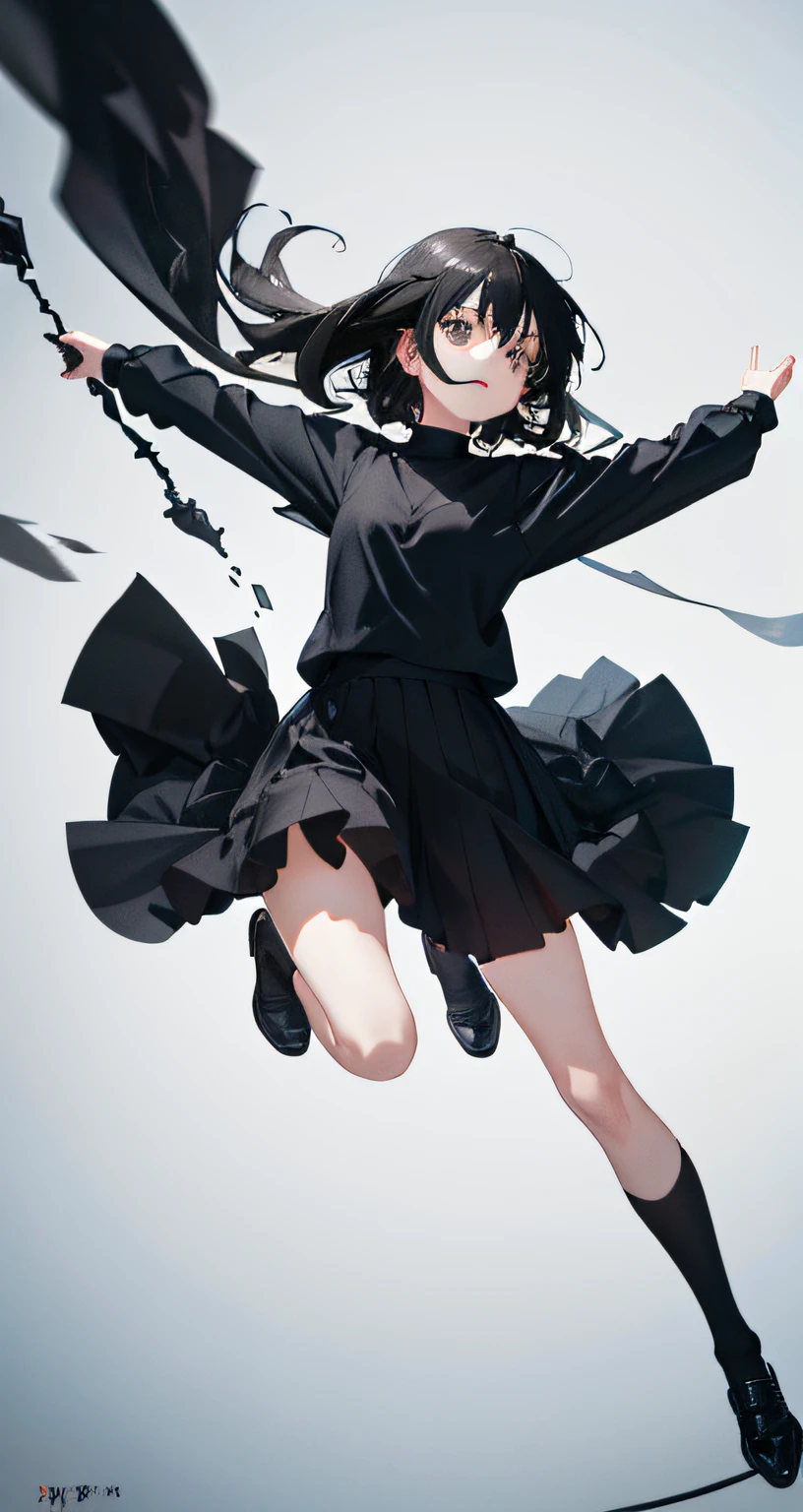 Black hair, black eyes, black clothes, no naked, black clothes, black clothes，magical little girl，Loli body type，Black staff，Dumb melon face，Skysky，Leaping