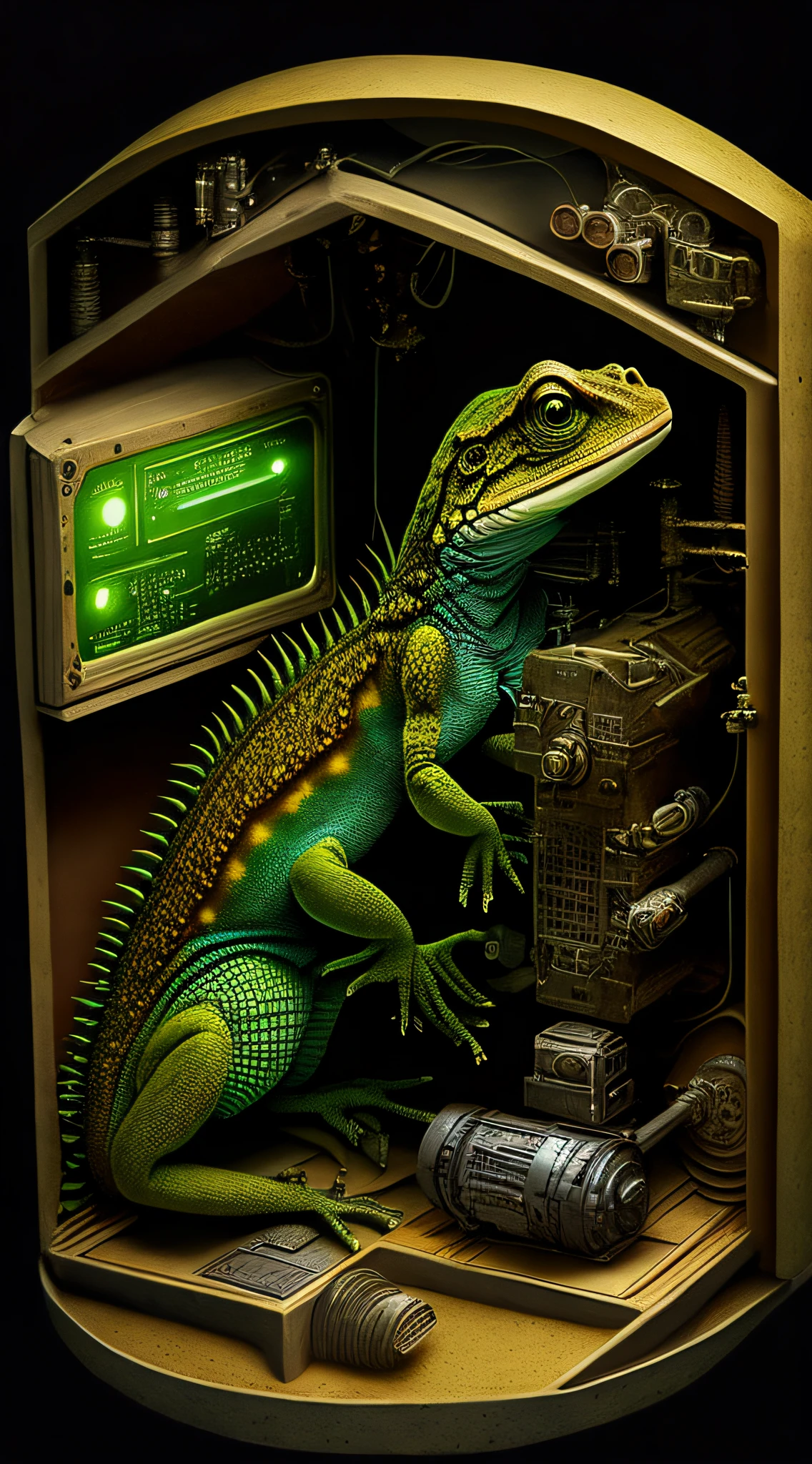 Develop a detailed cross-section of a lizard person's underground lair, complete with chambers for shape-shifting and surveillance equipment.