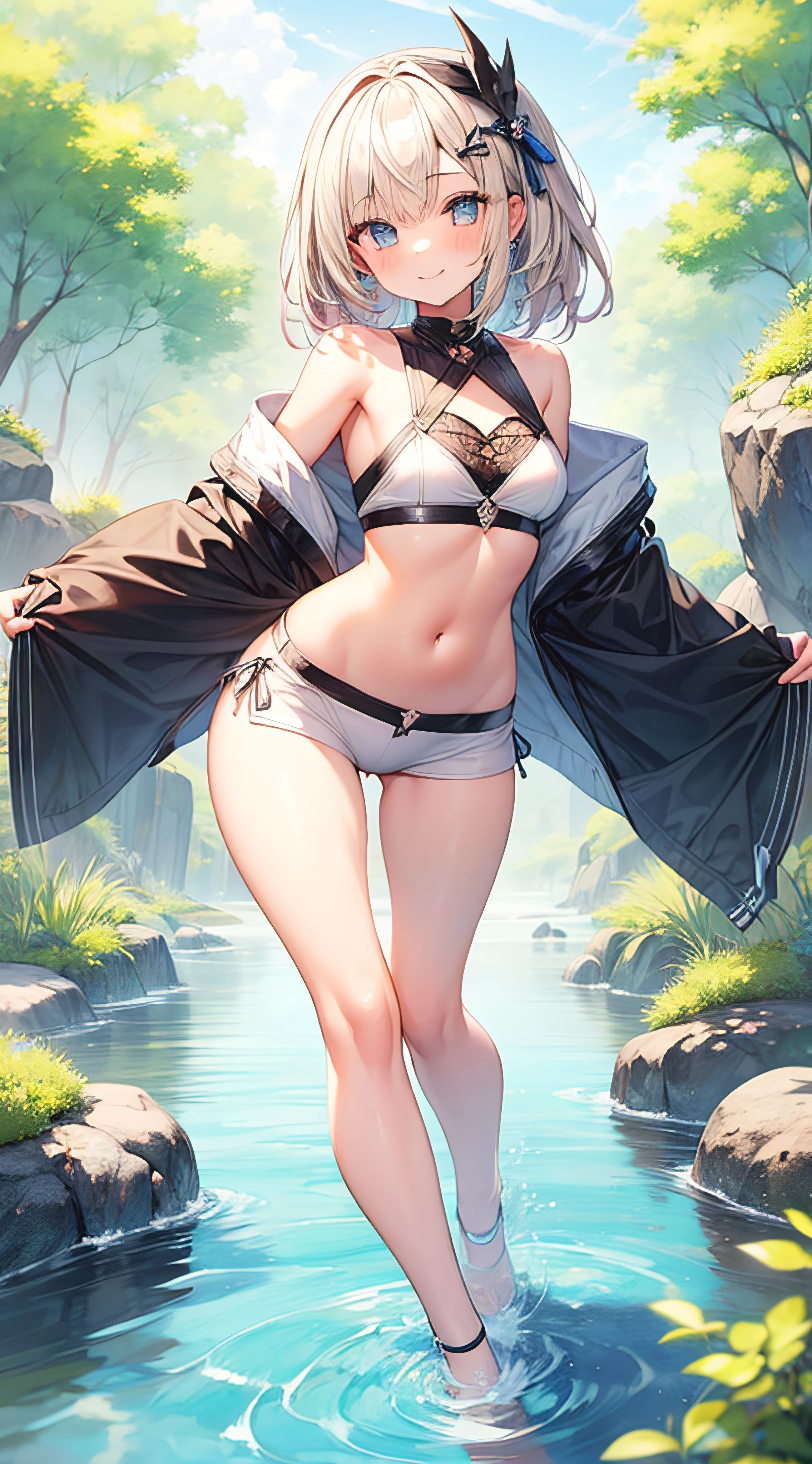 (masutepiece,hight resolution,16 K:1.2),(1girl in:1.4),off shoulders,Long hair,BREAK,Cute white underwear,(Beautiful shiny thighs:1.2),Full body,Beautiful,Beautiful navel,beatiful detailed eyes,Looks like a 12-year-old,150cm petite beautiful girl,a baby face,A smile,Walking on the river,Raw photo,absurderes,Cute smile,BREAK,White floral hair accessories,