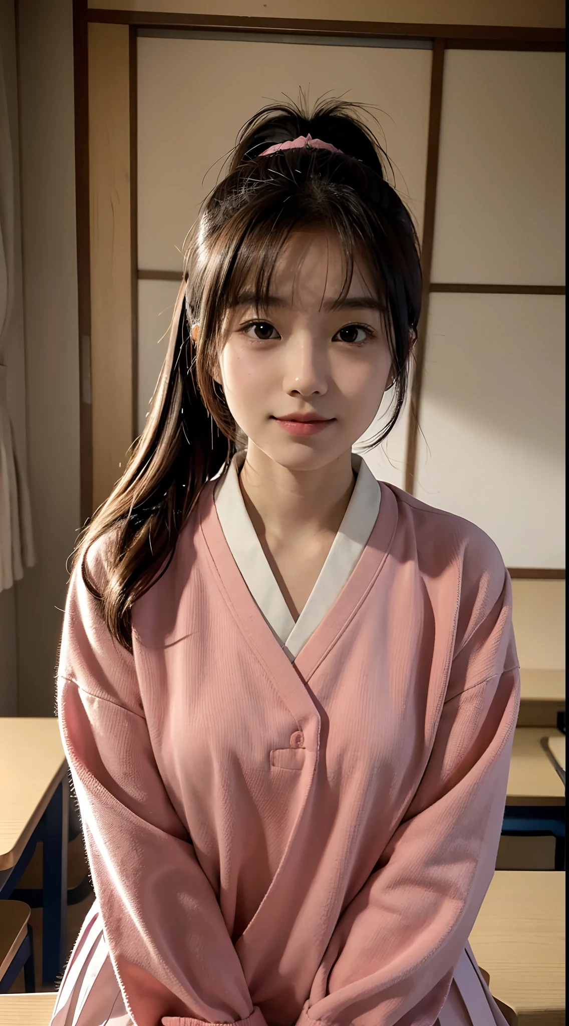 1girl,japanese,16years old,blush,shy,in the classroom,(((japanese high school uniform))),D-cup breasts,brown hair,light smile,blunt bangs,portrait,ponytail, Surrealism, Surrealism, Fujicolor, 8k, super detail, UHD, masterpiece, textured skin, super detail, high details, high quality, highres, best quality, 1080P, 16k
