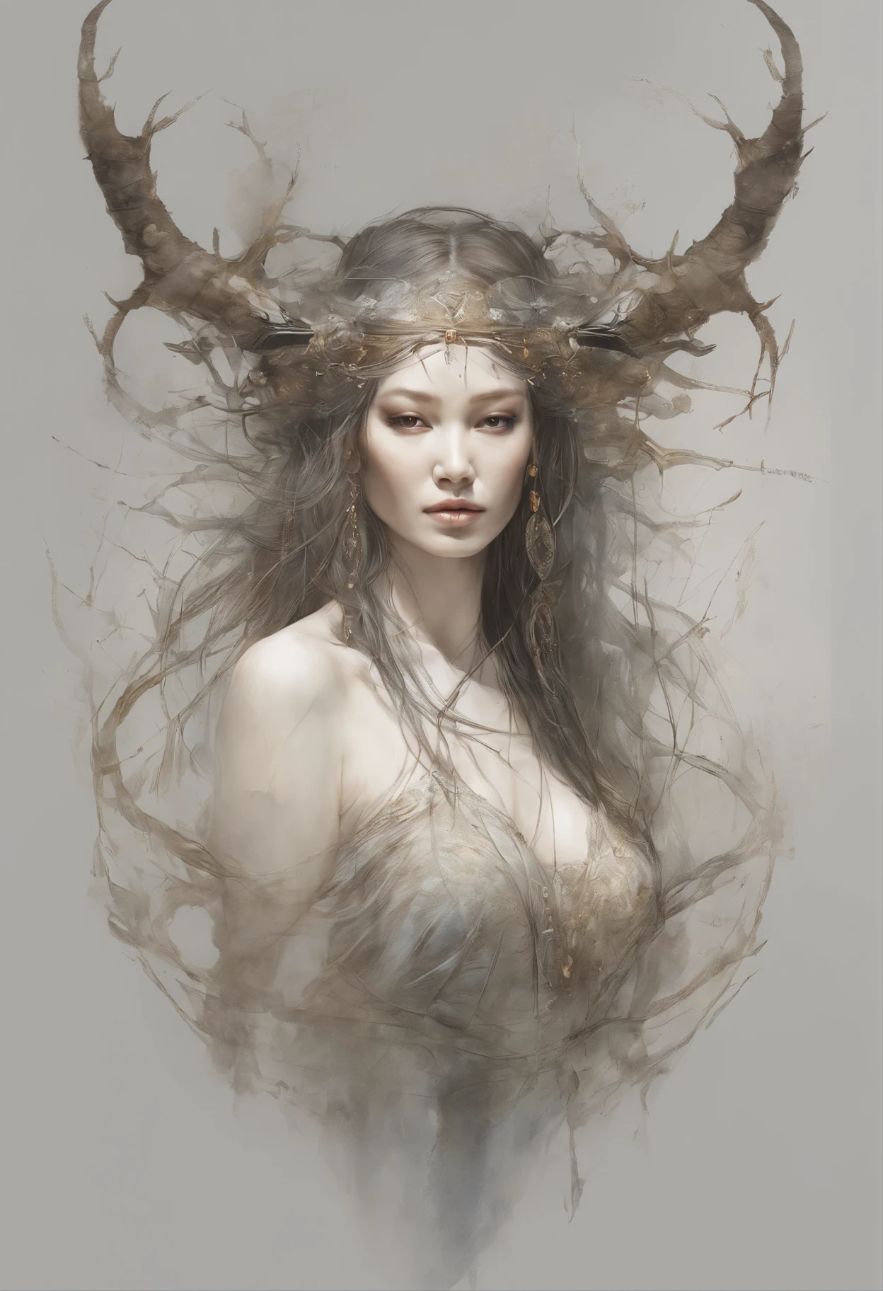 2.Beautiful perfect female asian succubus, full figure, shapeless long hair, perfect features, horns, massive mammaries, unclothed, stripped, ornate elaborate body jewelry, dynamic pose, ethereal background, abstract beauty, near perfection, pure form, Golden Ratio, minimalism, unfinished art, Concept art by Carne Griffiths and Wadim Kashin, Brian Froud and Carne Griffiths and Wadim Kashin and John William Waterhouse, intricate detail, 8k post-production, High resolution, super Detail, art station Trends, sharp focus, studio photos, intricate detail, Very detailed, By Greg Rutkowski