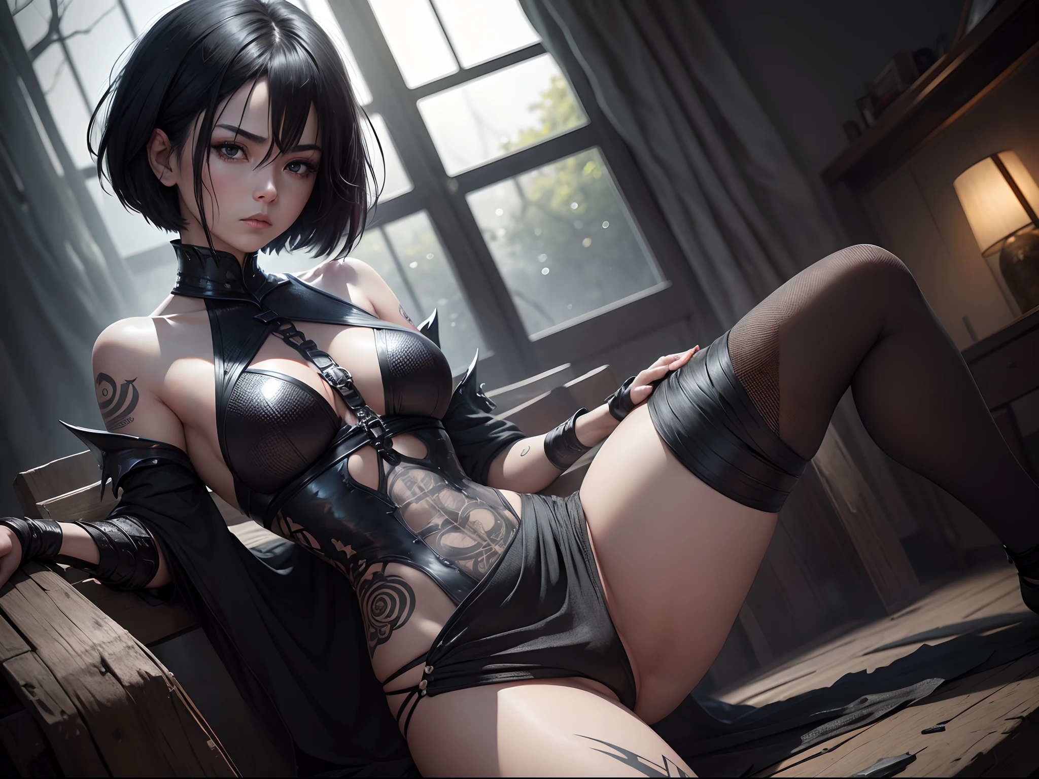 A defeated woman，Short black hair，黑The eye，Black shattered armor，Hands are tied and held high，spread their legs，The whole body is covered with tattoos